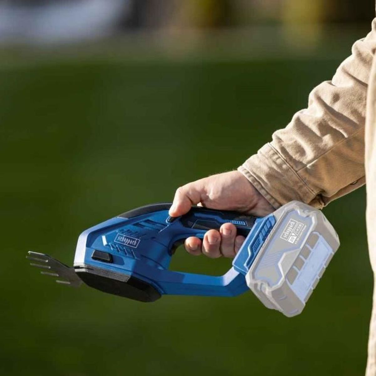 Una persona tiene in mano un tagliasiepi blu a batteria.