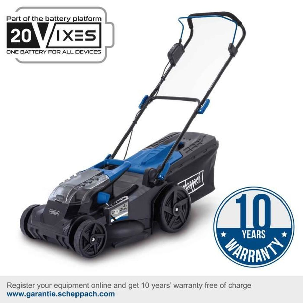 Zwarte en blauwe grasmaaier met een 10 jaar garantie sticker en batterijplatform logo.
