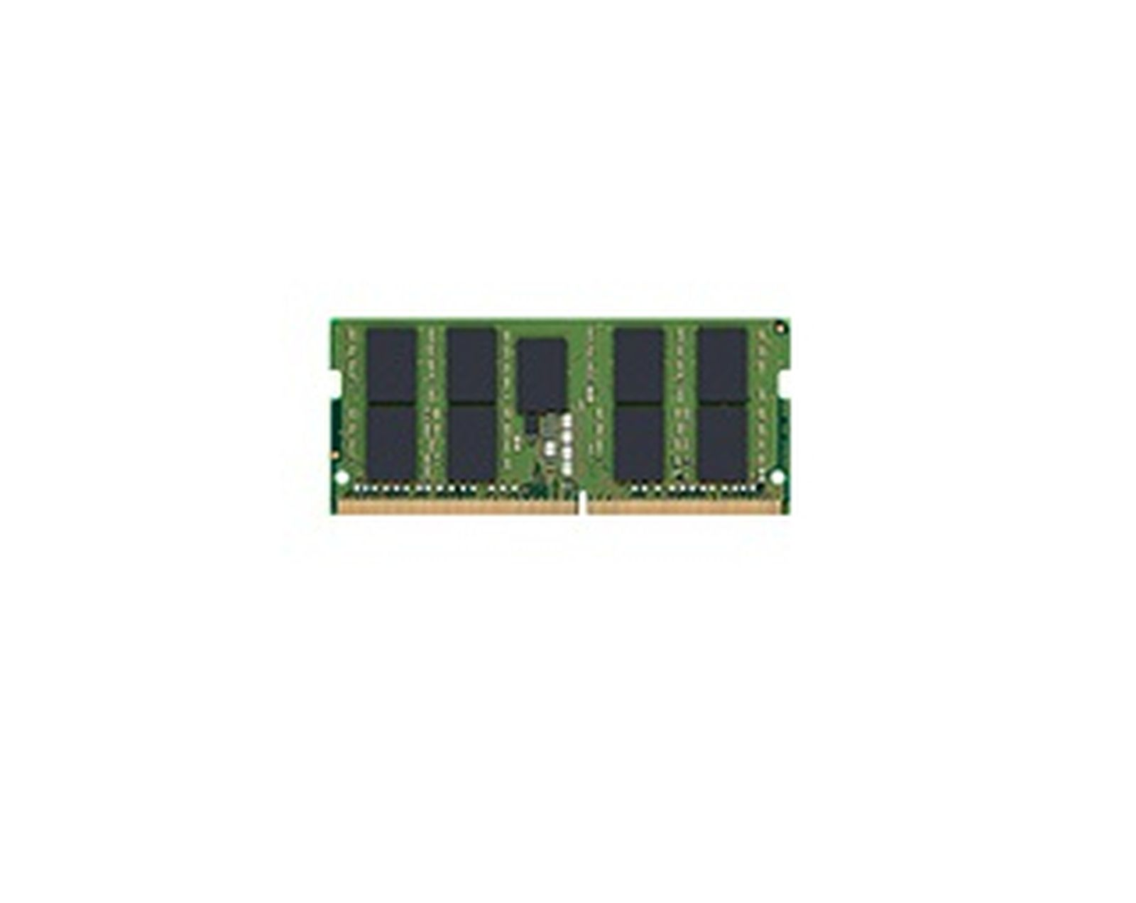 Un modulo RAM verde con chip neri, isolato su sfondo bianco, orientato orizzontalmente.
