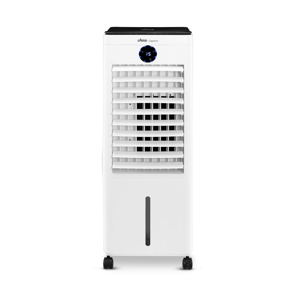 Enfriador de aire Ufesa blanco y negro con pantalla digital. Tiene un panel frontal con lamas.