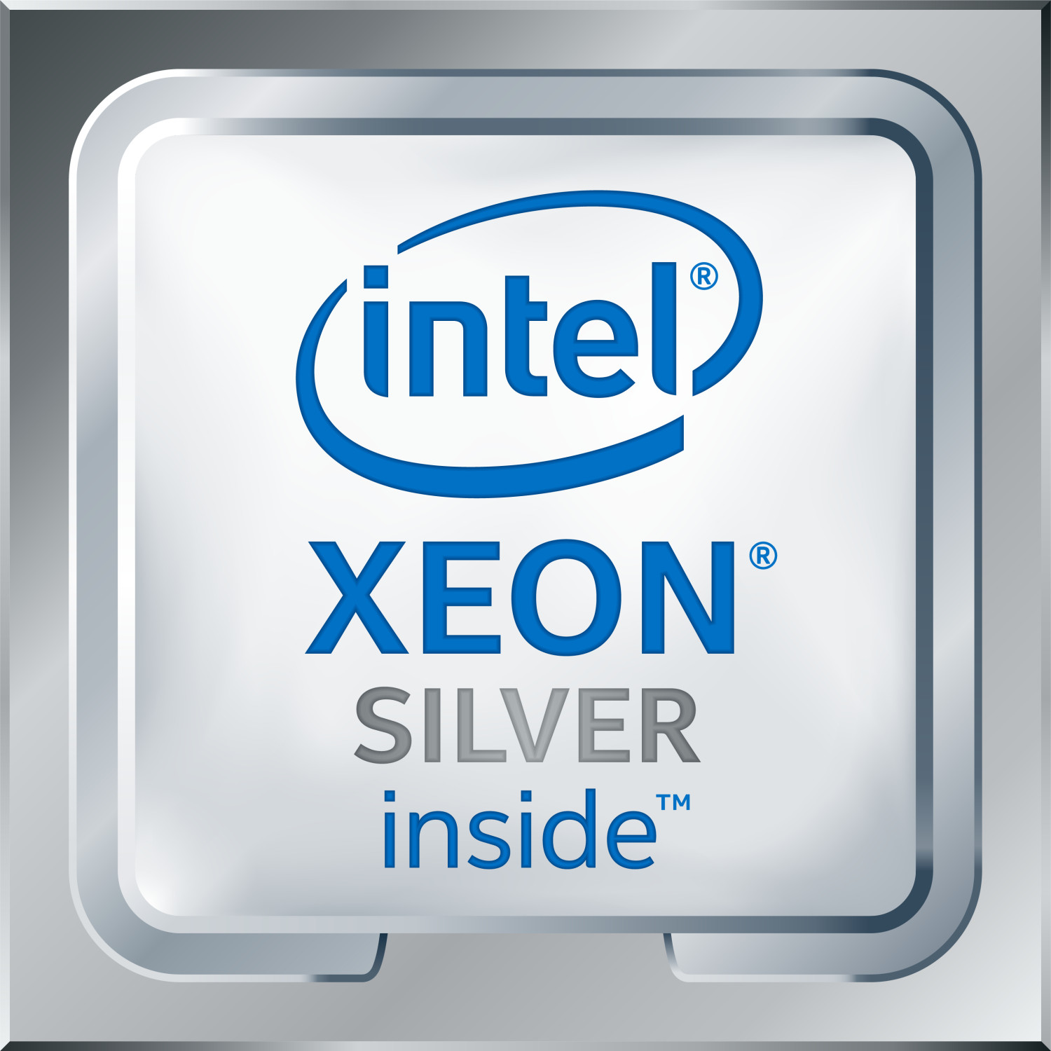 Logo Intel Xeon Silver inside na srebrnym kwadratowym tle.