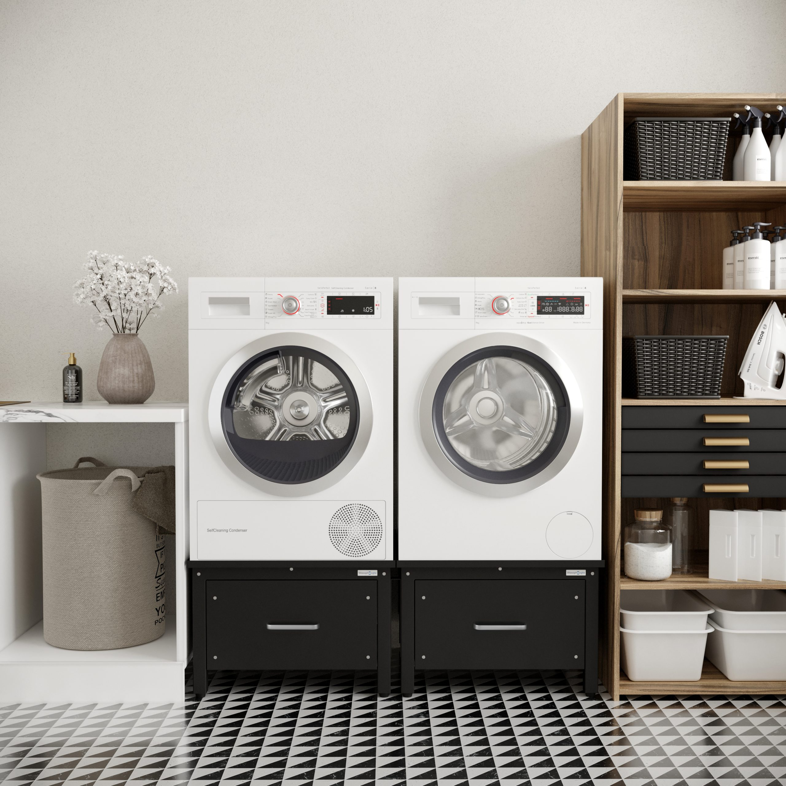 Wasophoogte Waschmaschinen Untergestell Mit Schublade - 42cm Höhe Schwarz