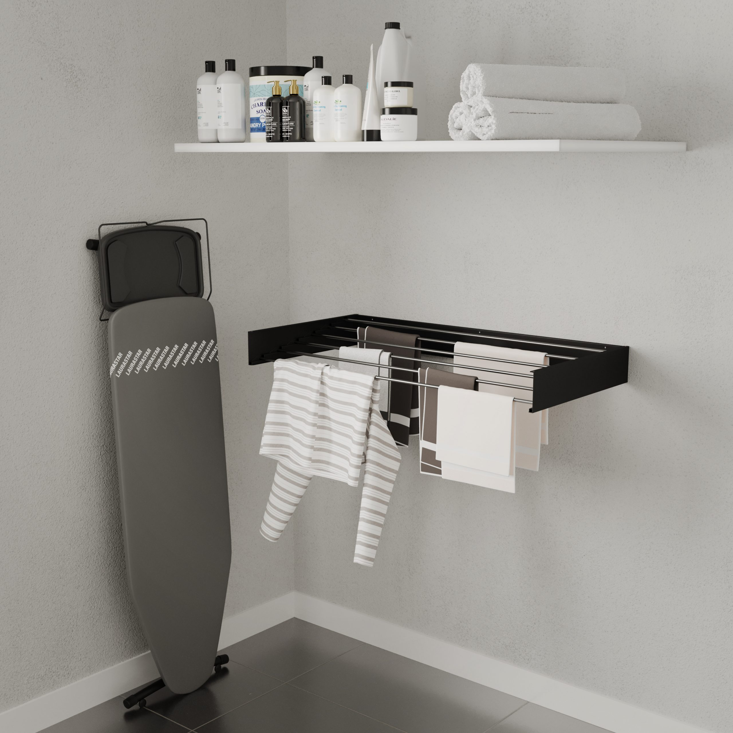 Une buanderie avec une étagère avec des produits, une planche à repasser et un étendoir avec des vêtements.