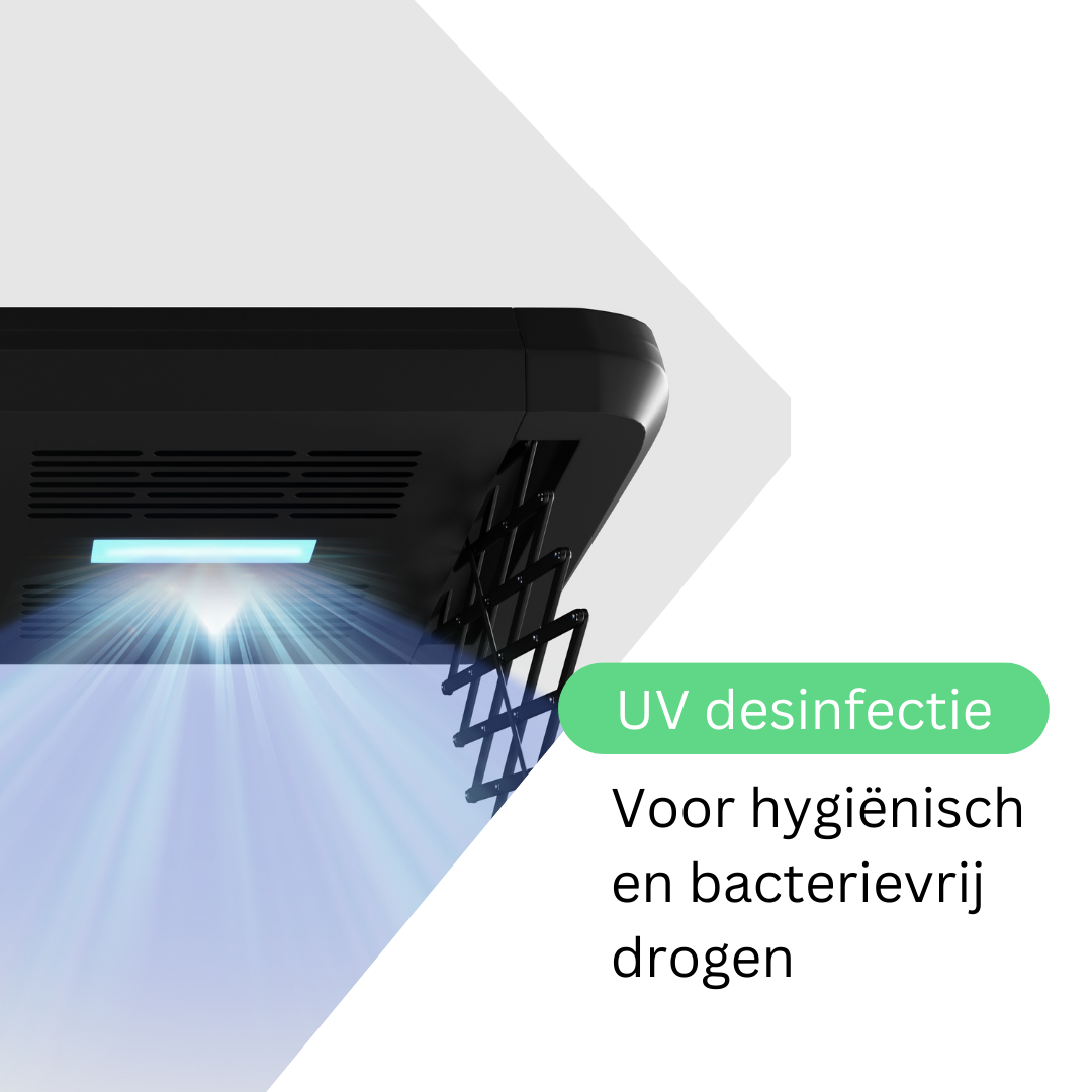 Een close-up toont UV-desinfectie. De tekst legt hygiënisch en bacterievrij drogen uit.