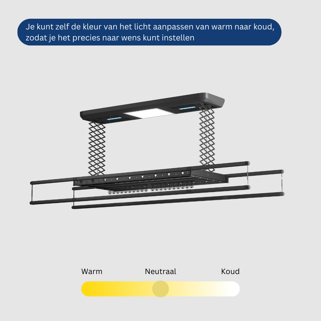 Plafondlamp met instelbare kleurtemperatuur. Diagram toont warm tot koud instellingen.