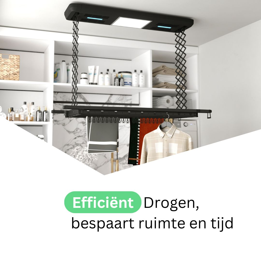 Een aan het plafond gemonteerd wasrek, met hangende kleding.