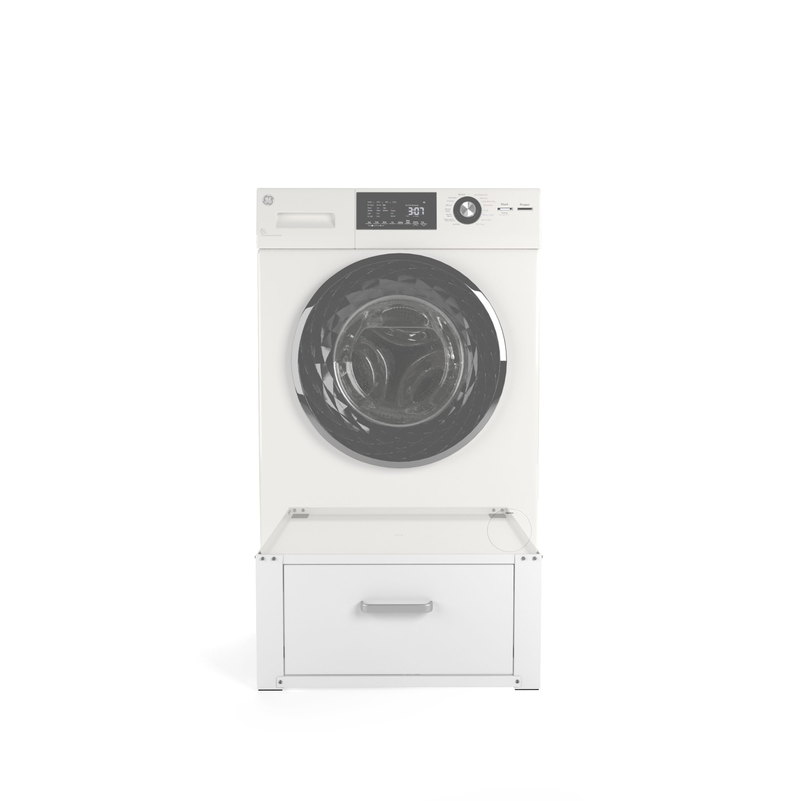 A white washing machine on a stand with a drawer, on a white background.