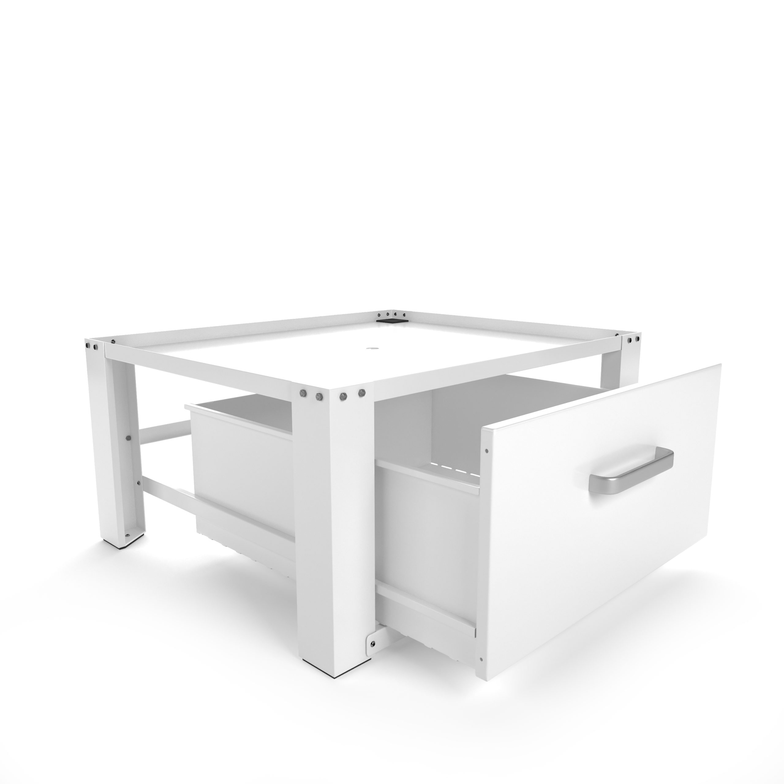 White table with an open drawer, on a white background.
