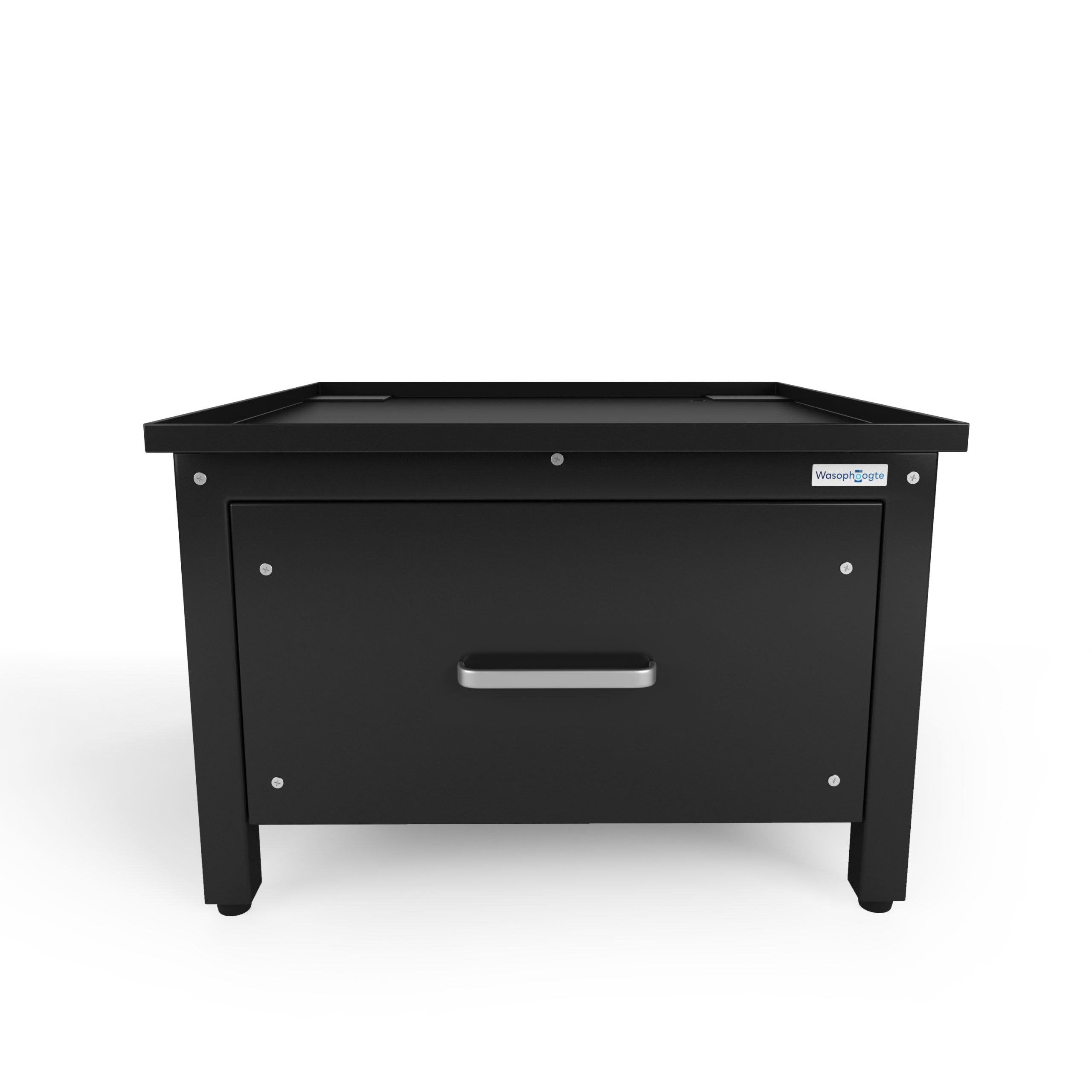 Schwarzer Schrank mit einer Schublade. Ein Griff und Schrauben sind auf der Vorderseite sichtbar.