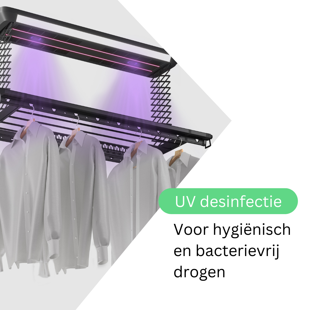 Un séchoir avec des chemises suspendues sous la lumière UV pour la désinfection. Buanderie moderne.