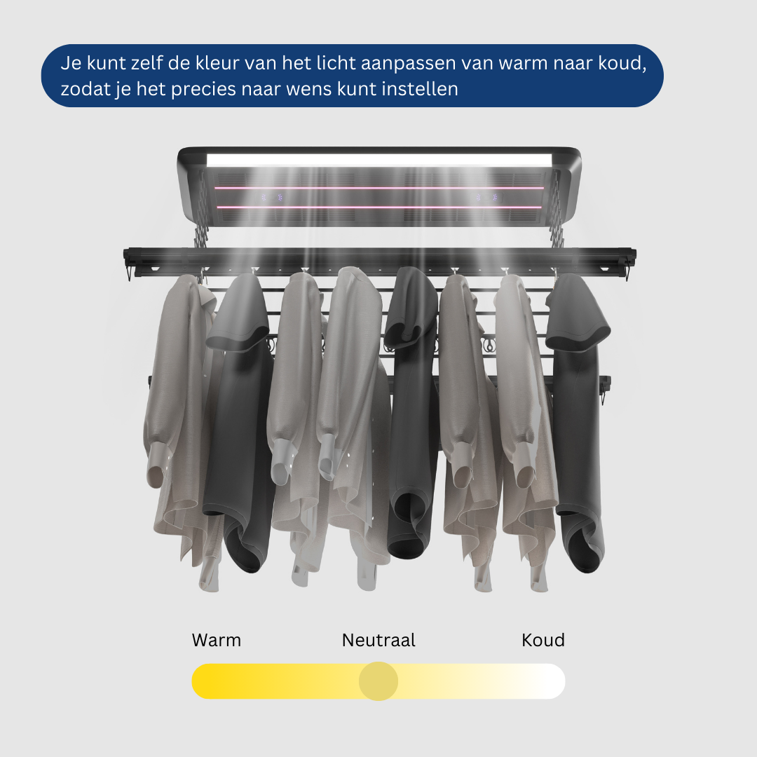 Sèche-linge avec réglages de température de lumière réglables, avec des vêtements suspendus.