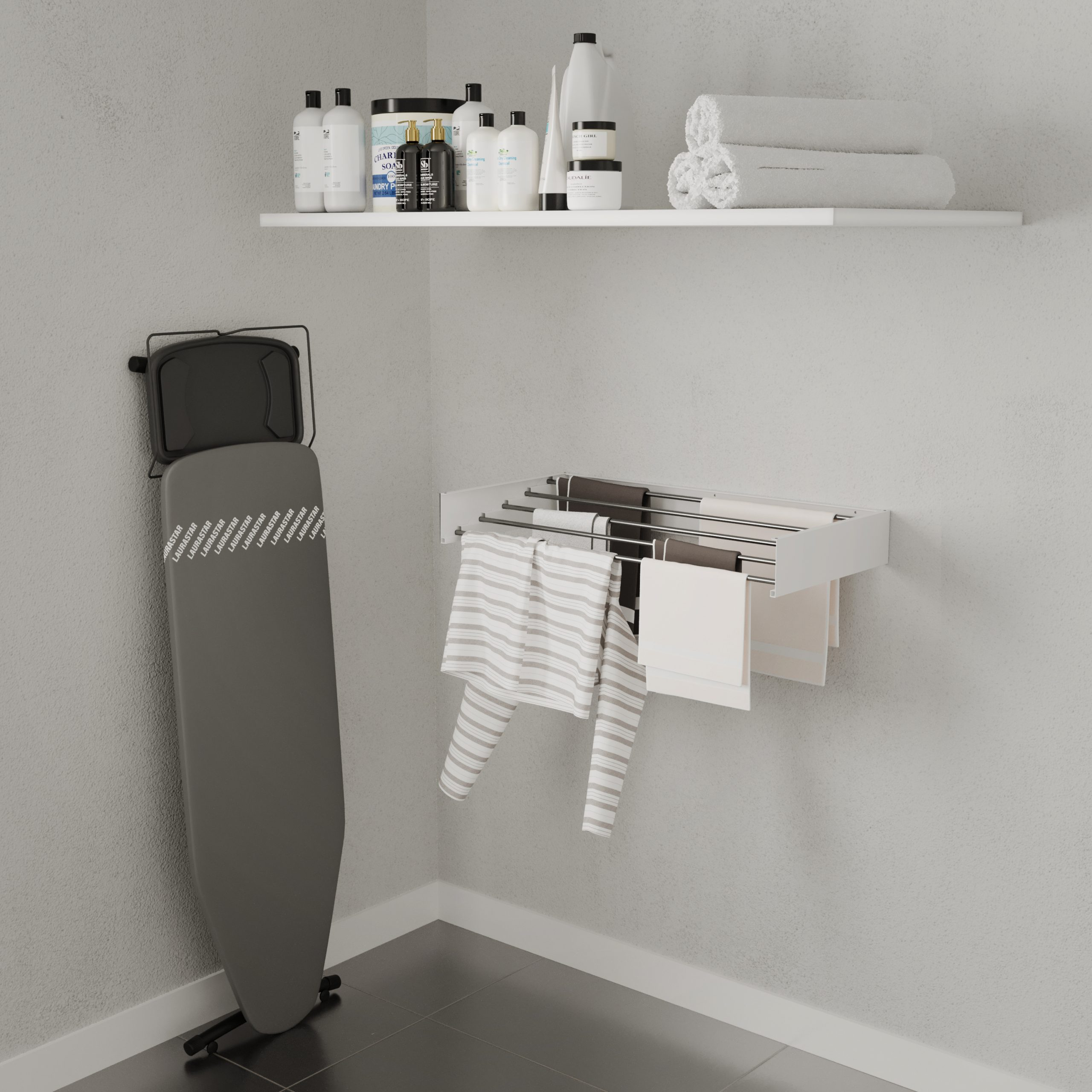 Buanderie avec planche à repasser, séchoir et étagères. Espace propre et organisé.