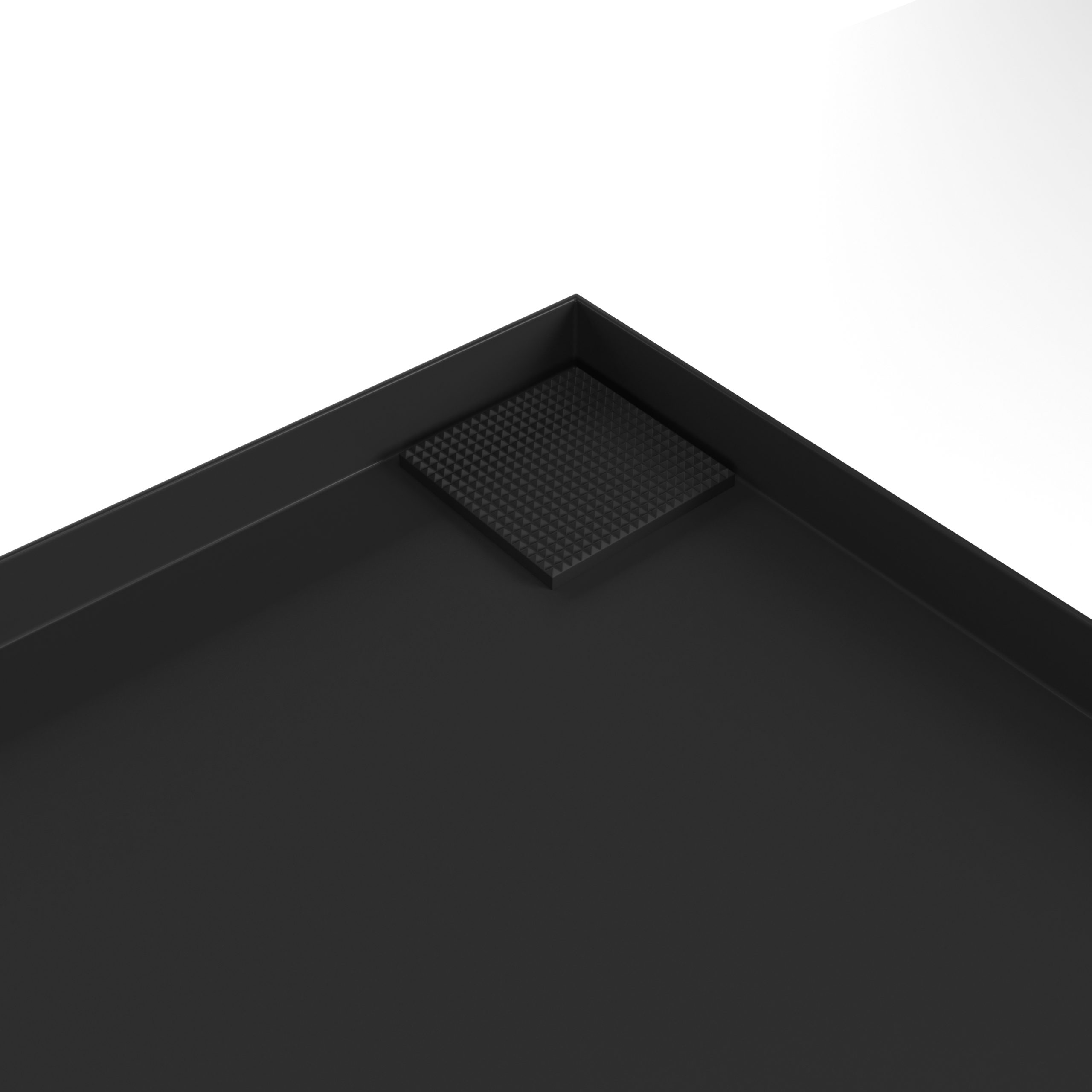 Nahaufnahme einer schwarzen Ecke einer Plattform. Weißer Hintergrund.