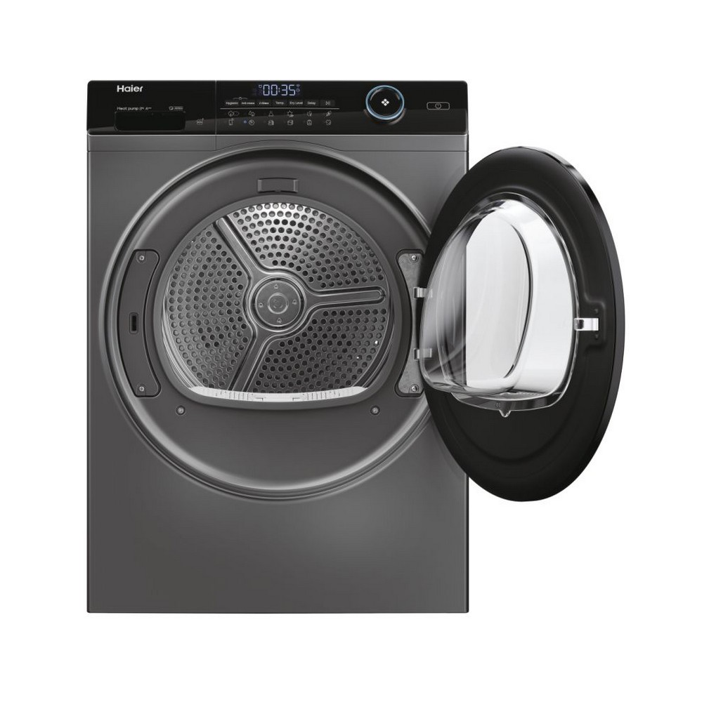 Lavatrice Haier con porta aperta, che mostra il cestello e il pannello di controllo. La porta è nera.