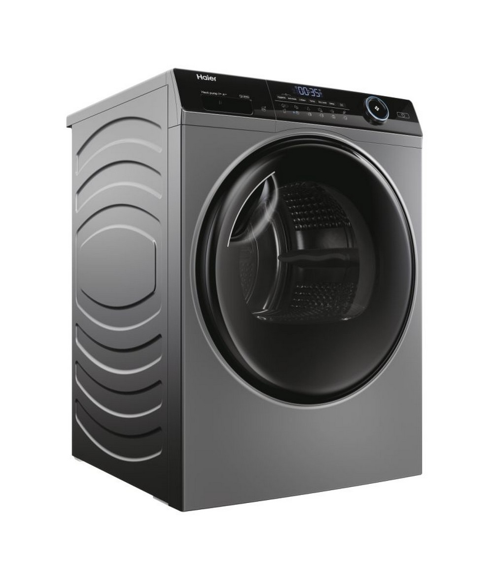 Una lavatrice Haier, argento e nera, con una porta rotonda e un display digitale.