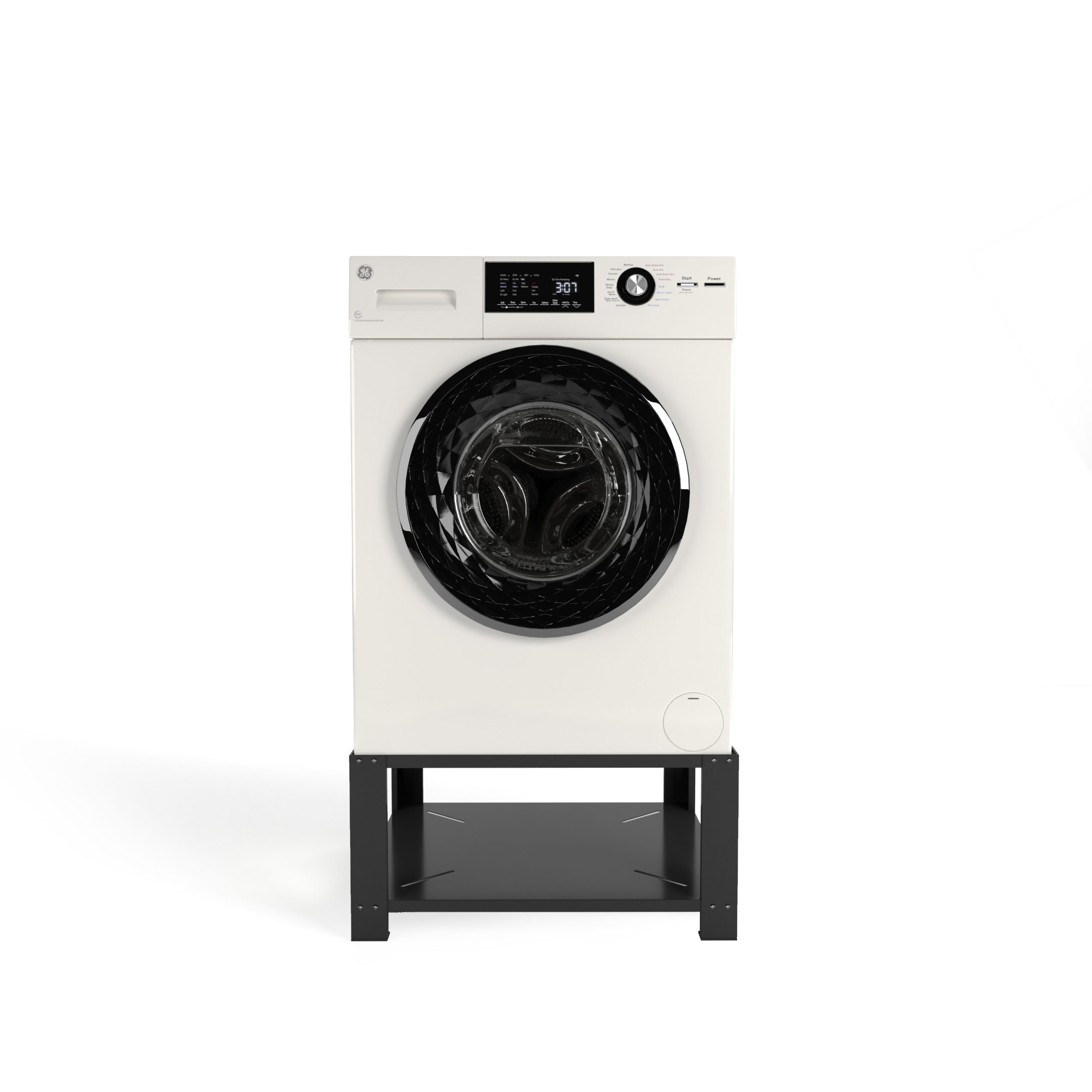 Weiße Waschmaschine mit schwarzem Sockel auf schwarzem Regal.