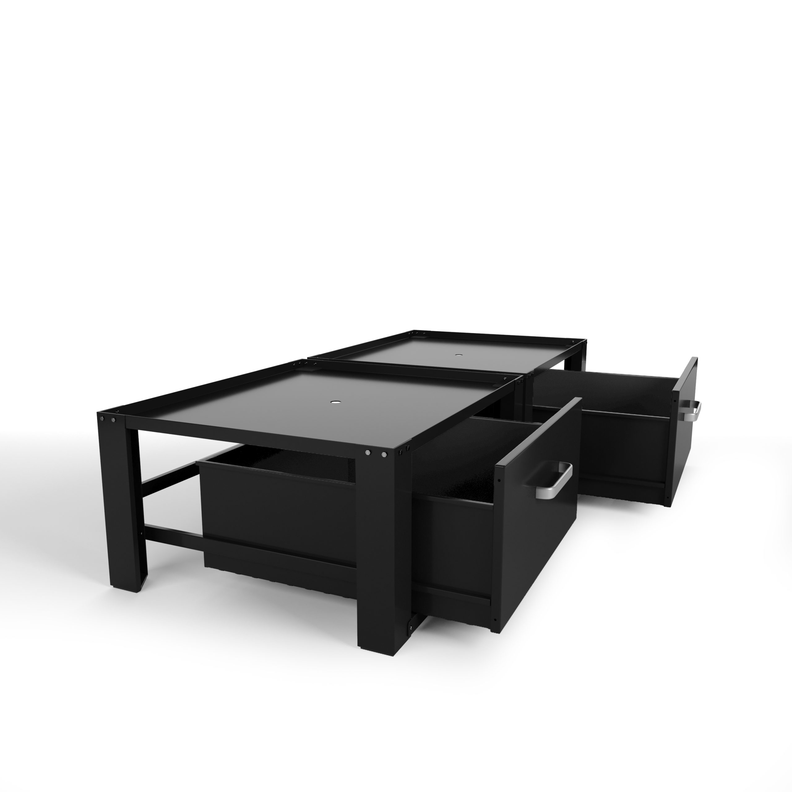 Schwarzer Schrank mit zwei Schubladen. Die Schubladen sind geöffnet. Griffe sind sichtbar.