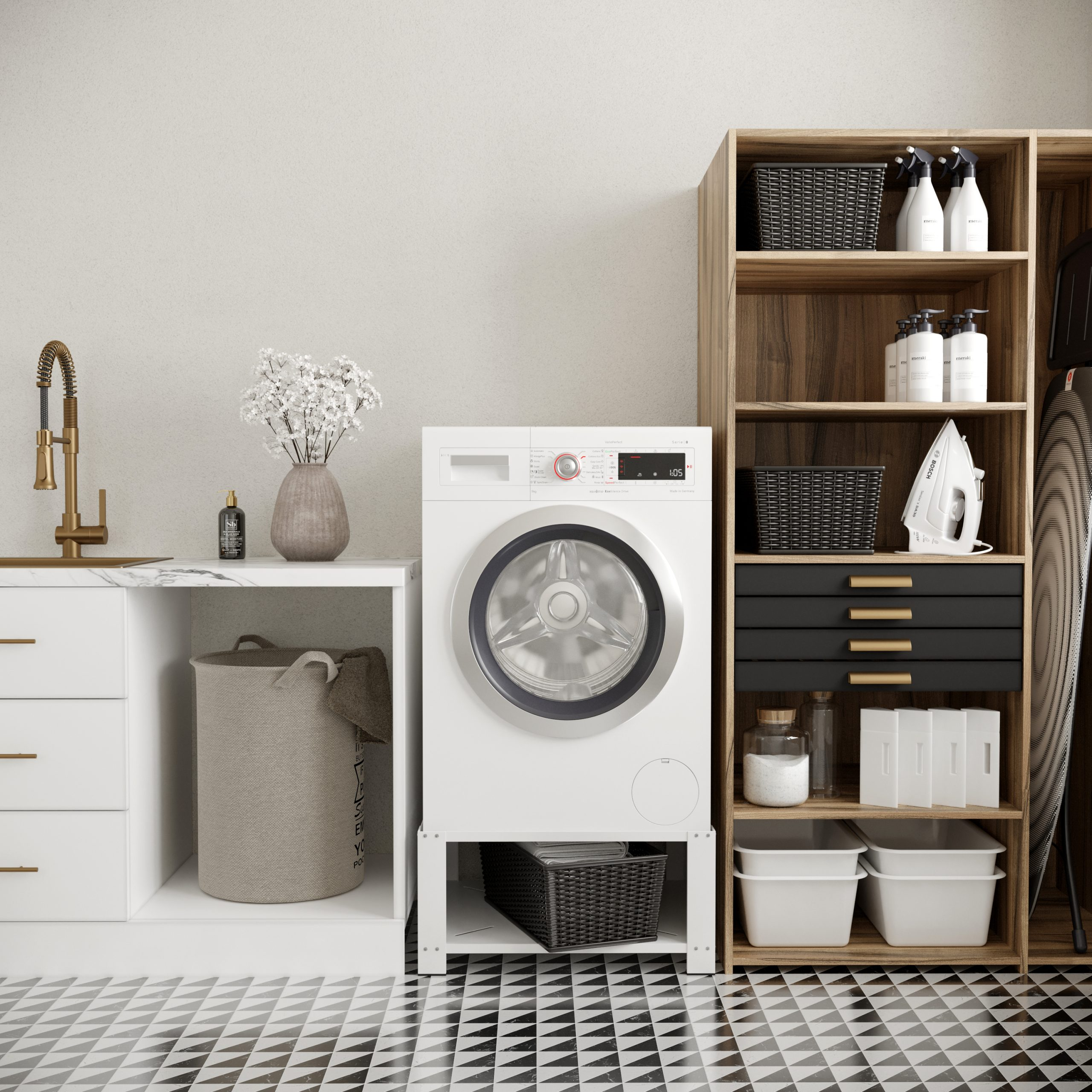 Waschküche mit weißer Waschmaschine, Waschbecken und Schrank, schwarz-weißer Boden.