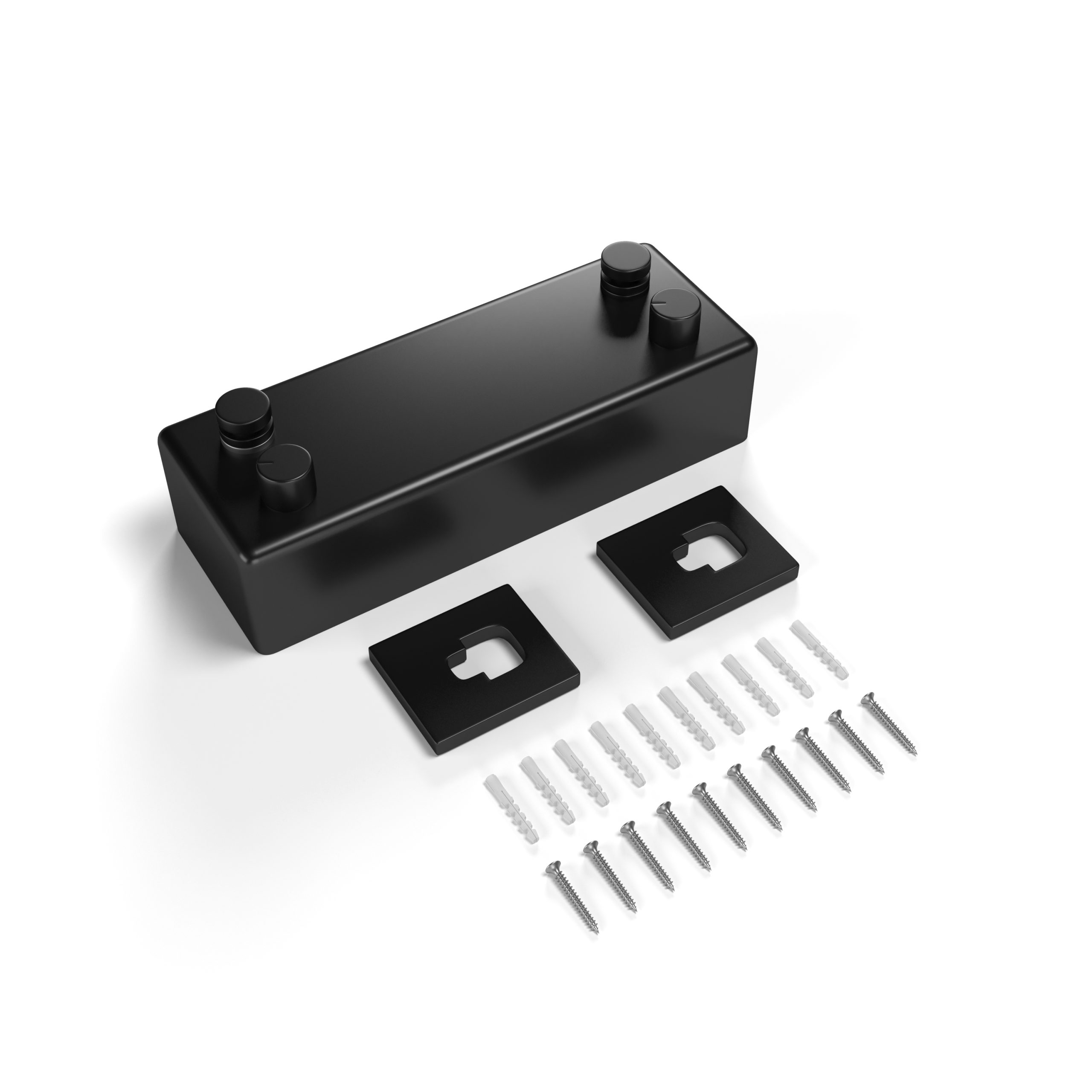 Kit de montage noir avec vis et chevilles. Deux supports de montage sont visibles.