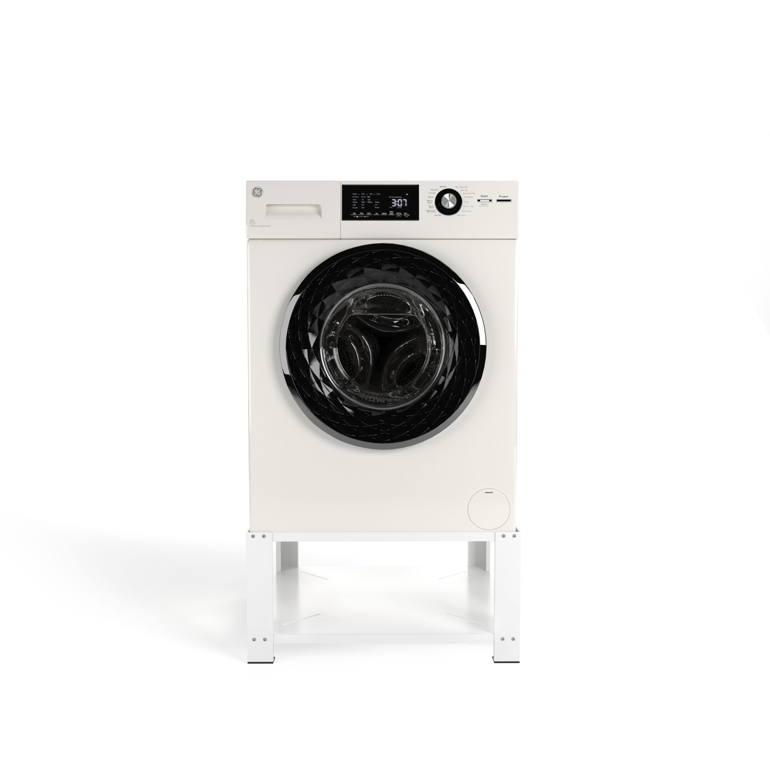 Weiße Waschmaschine auf einem Ständer, schwarze Details. Schwarze kreisförmige Tür und Digitalanzeige.