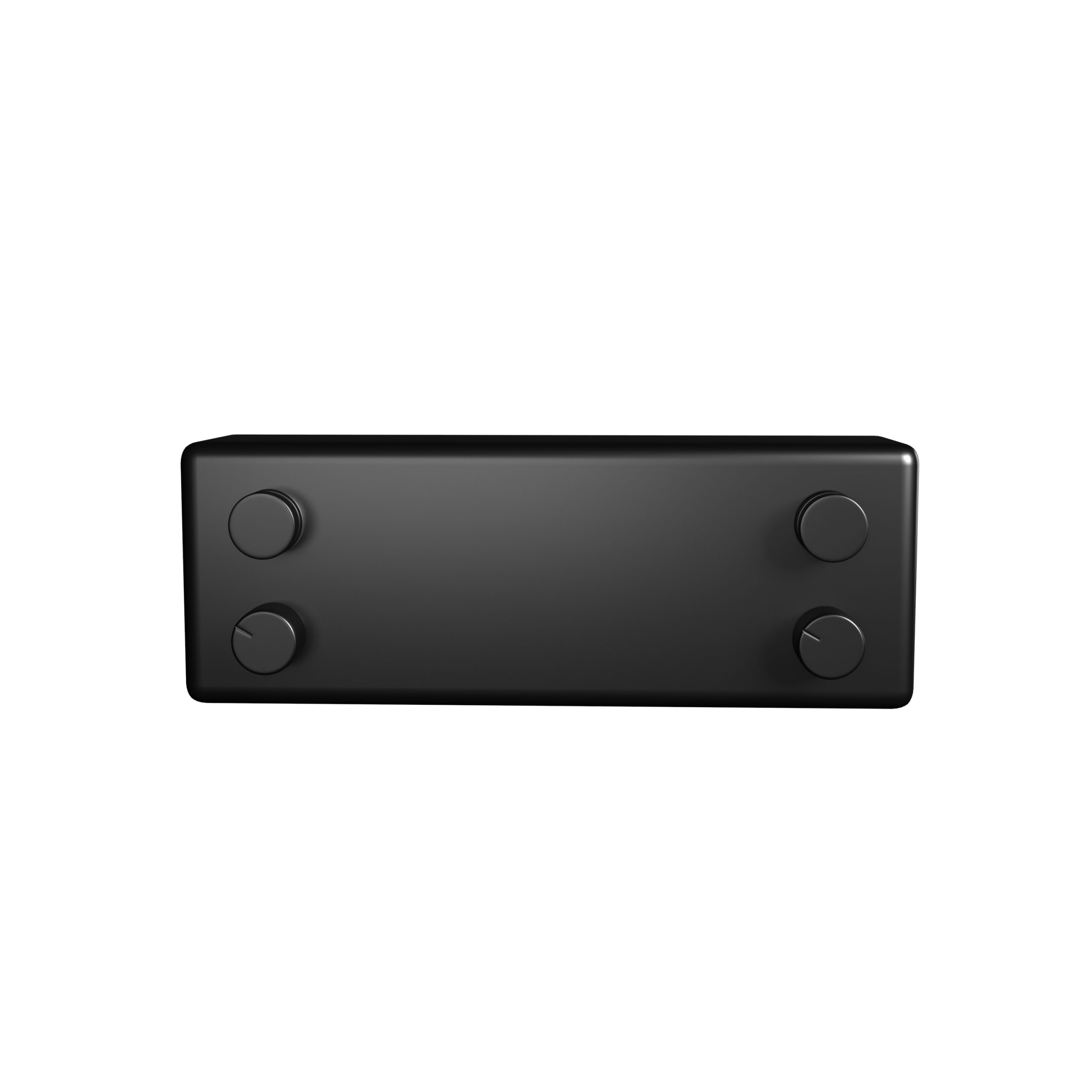 Un panneau de commande noir avec quatre boutons circulaires. Design épuré, minimaliste, fond blanc.