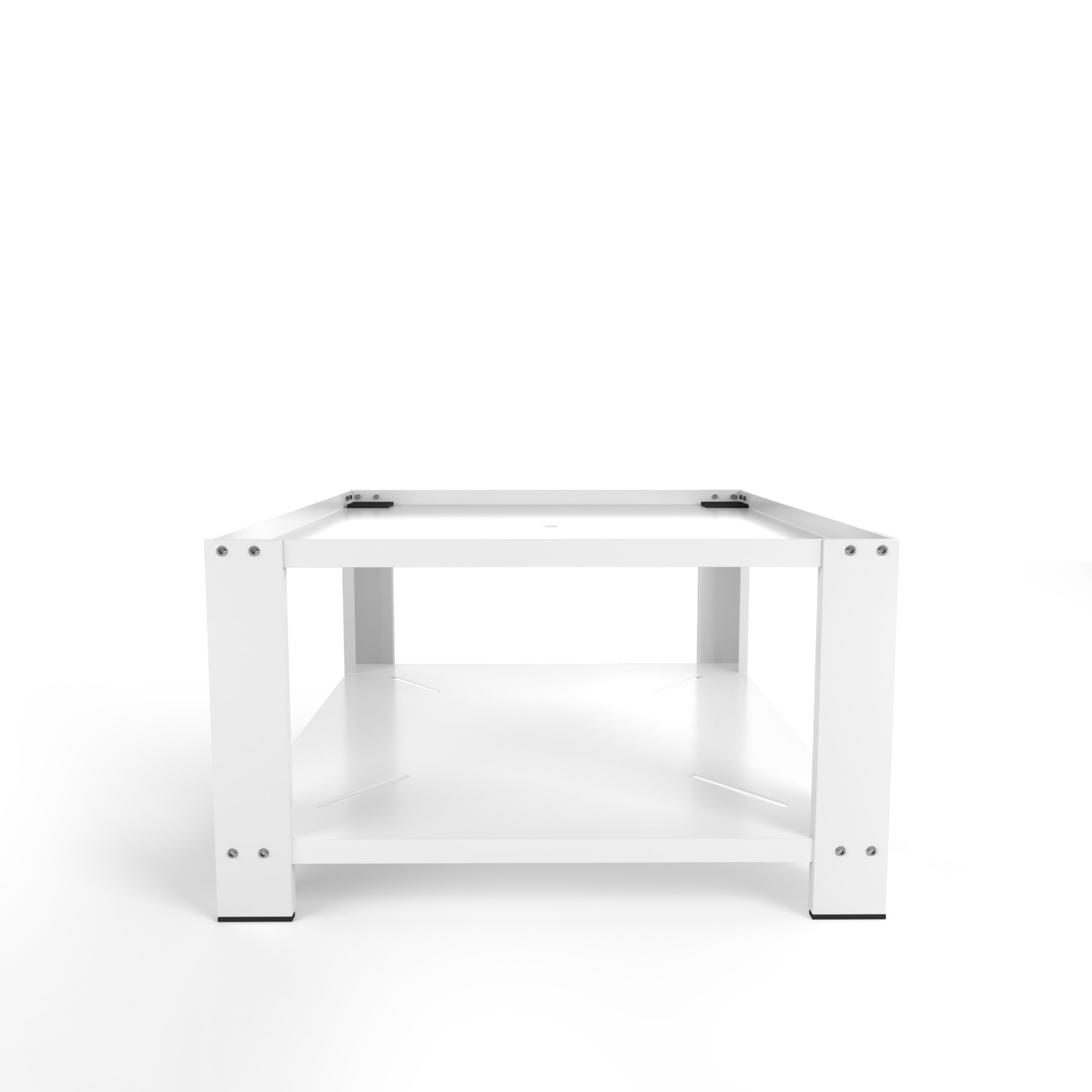 Weißer Tisch, quadratisch, mit Ablage. Isoliert auf weißem Hintergrund. Einfaches Design.