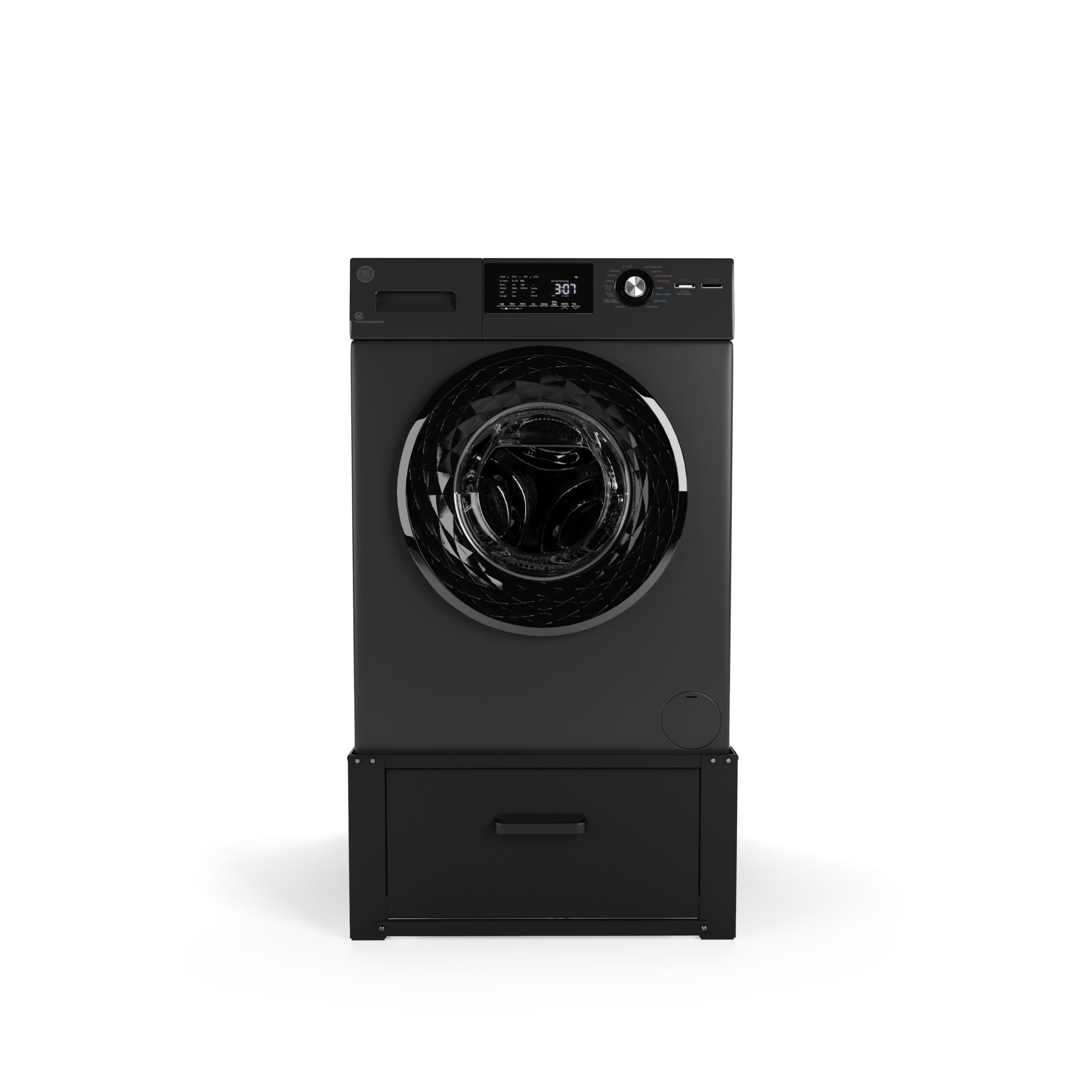 Eine schwarze Waschmaschine auf einem Ständer mit Schublade, auf weißem Hintergrund.