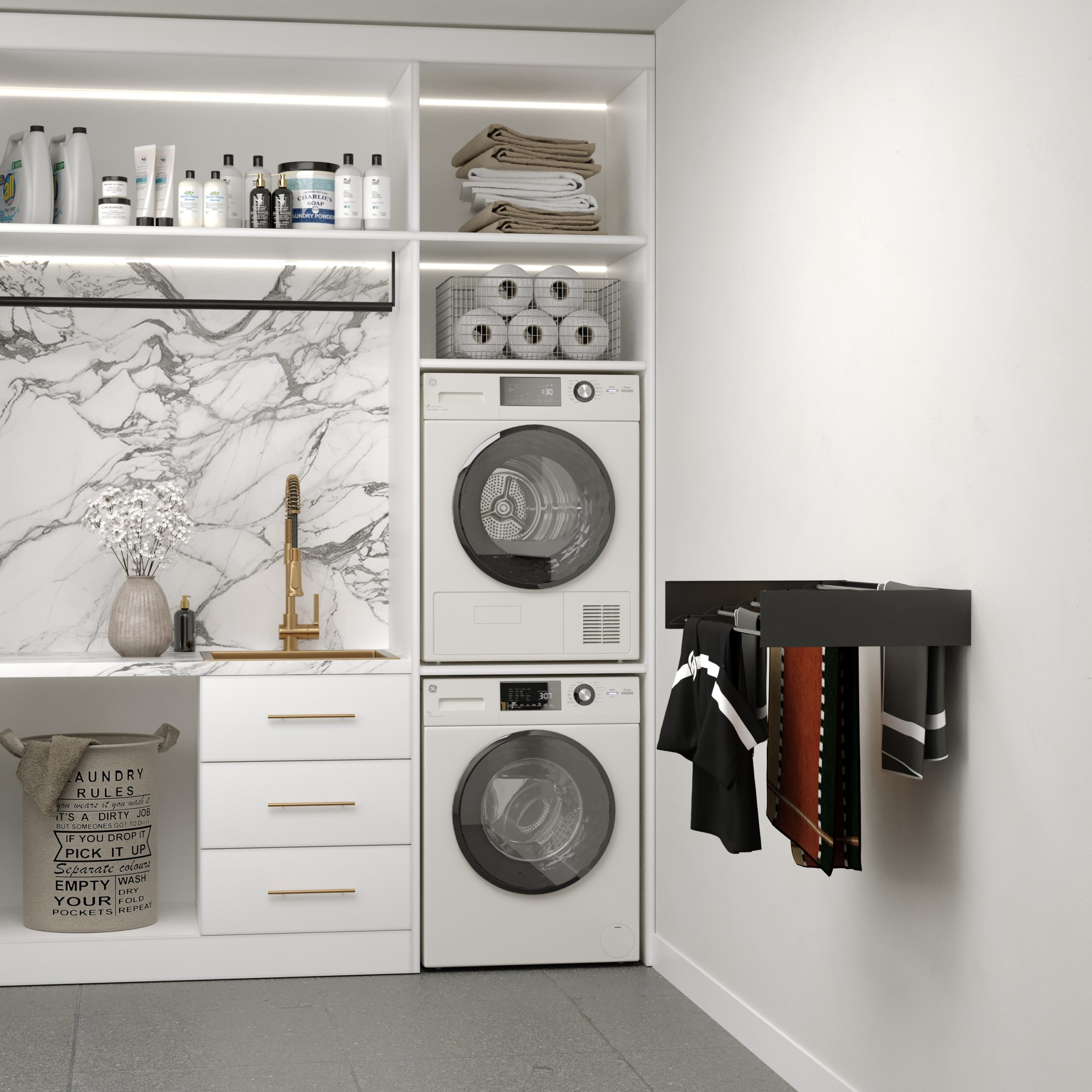 A modern laundry room with washing machine, dryer, and shelves. Clean and organized space.