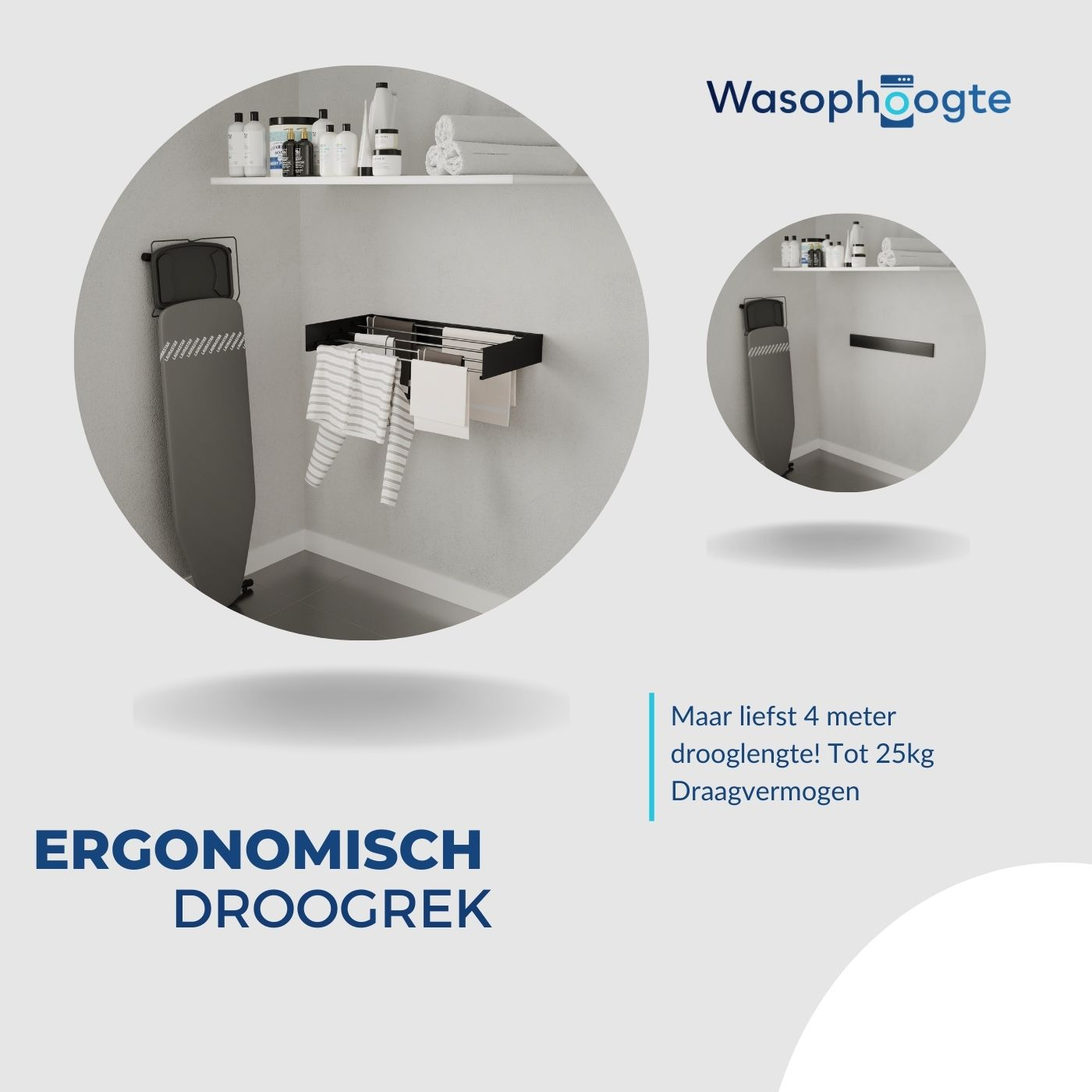 Drying rack with clothes. Text: Ergonomisch droogrek. Maar liefst 4 meter drooglengte!