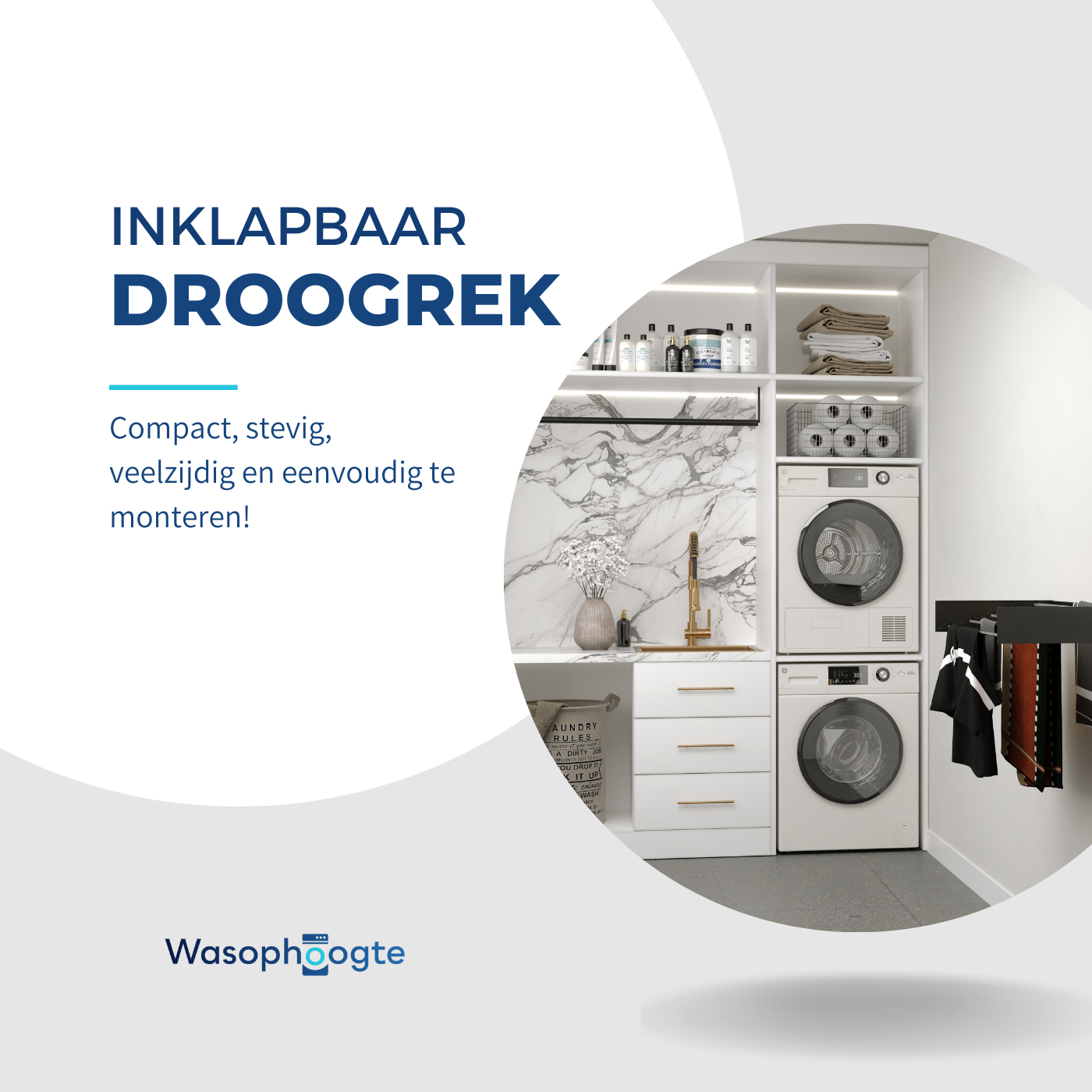 Laundry room with washing machine, sink, and drying rack.