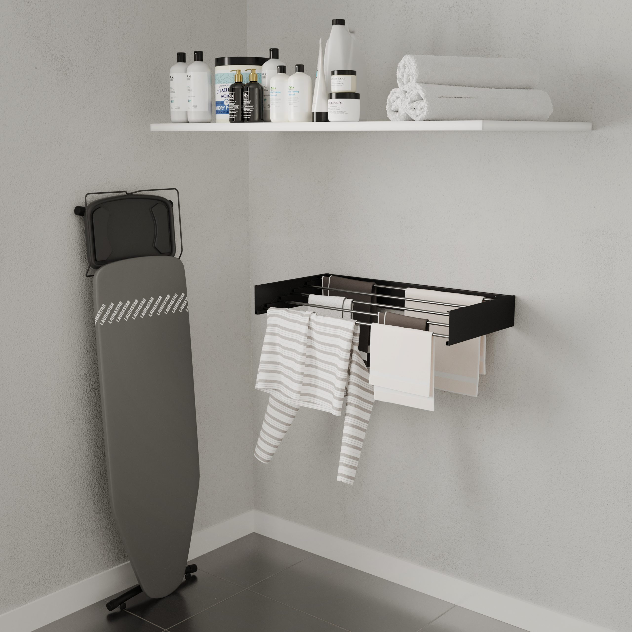 A laundry room with an ironing board, drying rack with clothes, and a shelf with cleaning supplies.