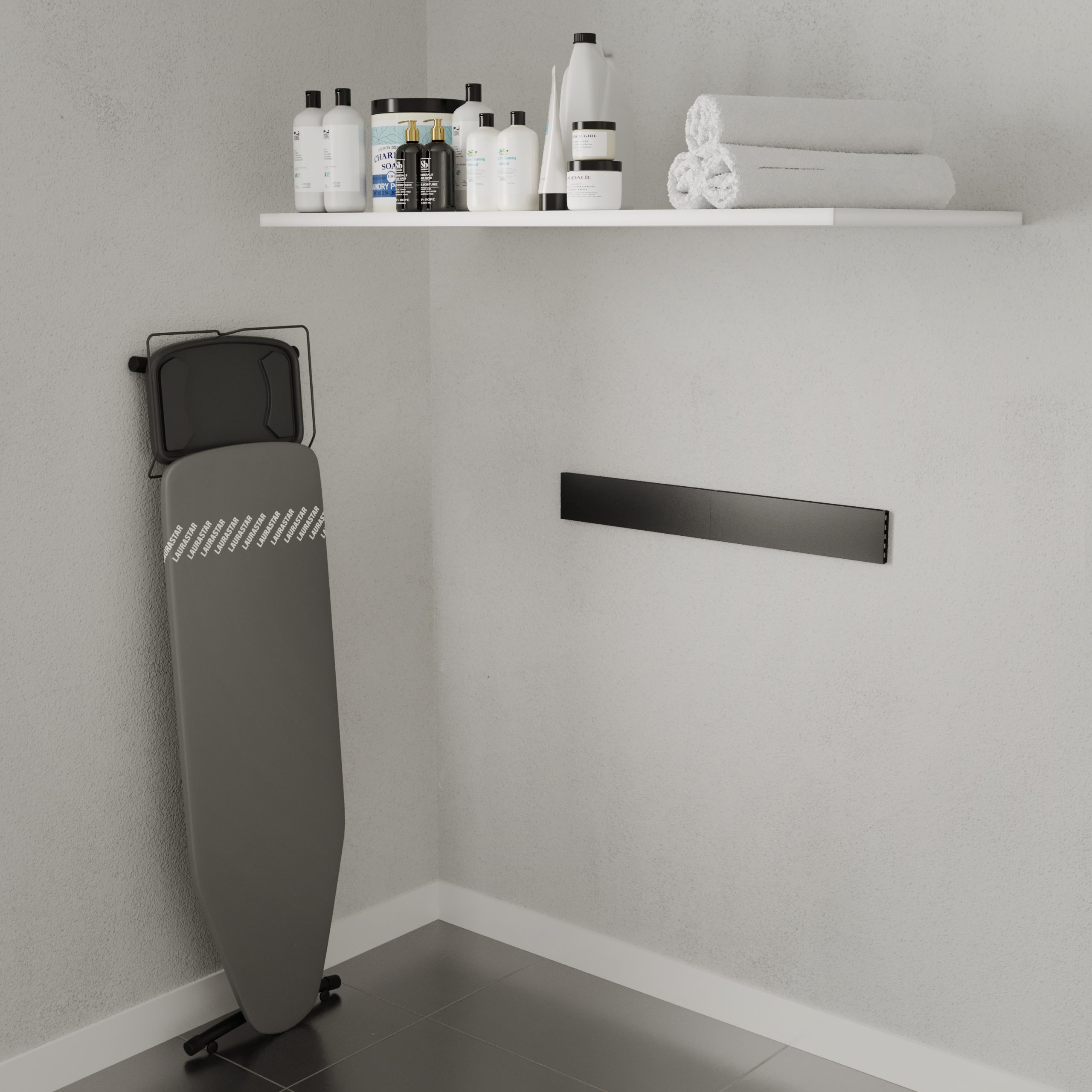 Laundry room with ironing board, shelf with products, and a wall-mounted iron rest.