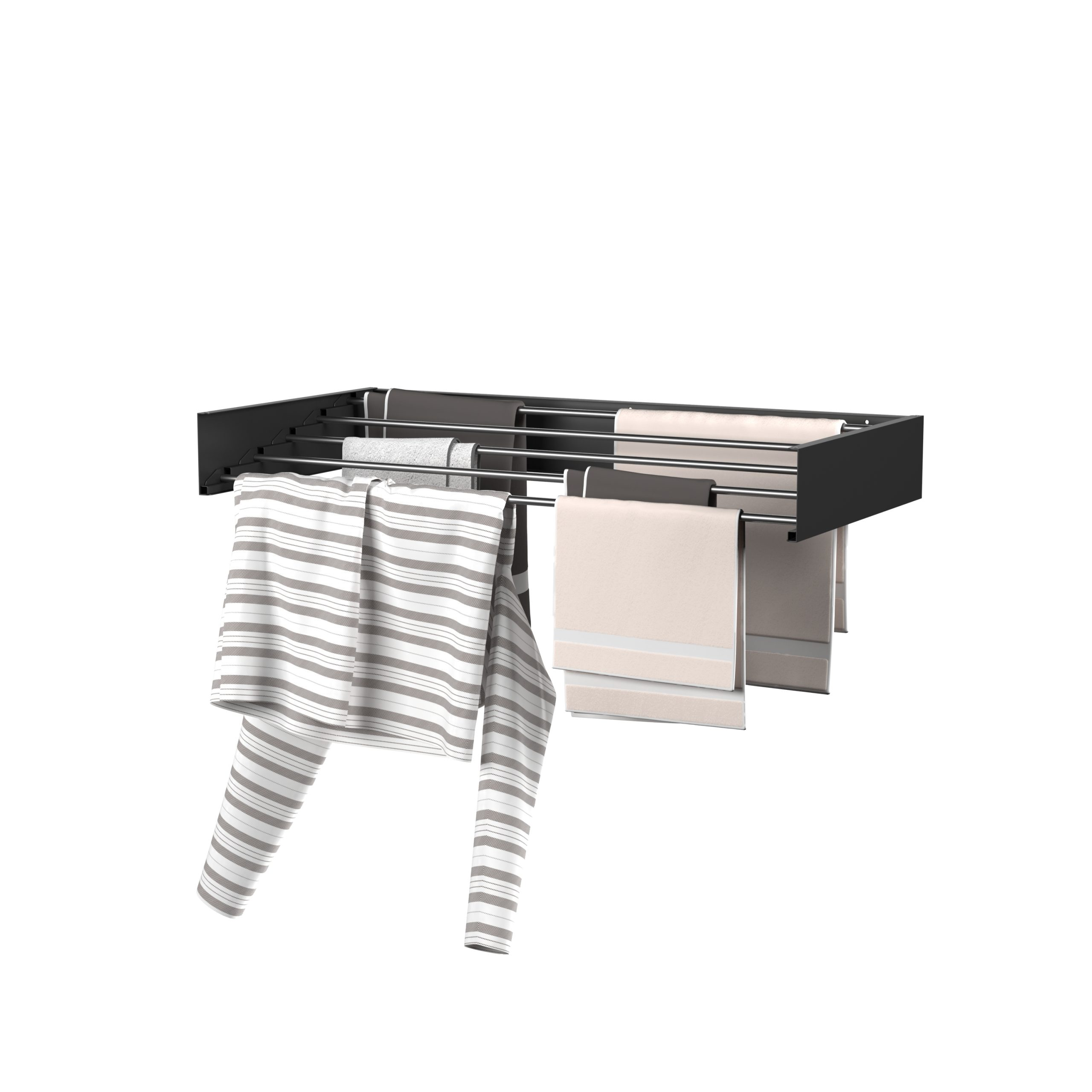 Black clothes drying rack with white and grey striped clothes.