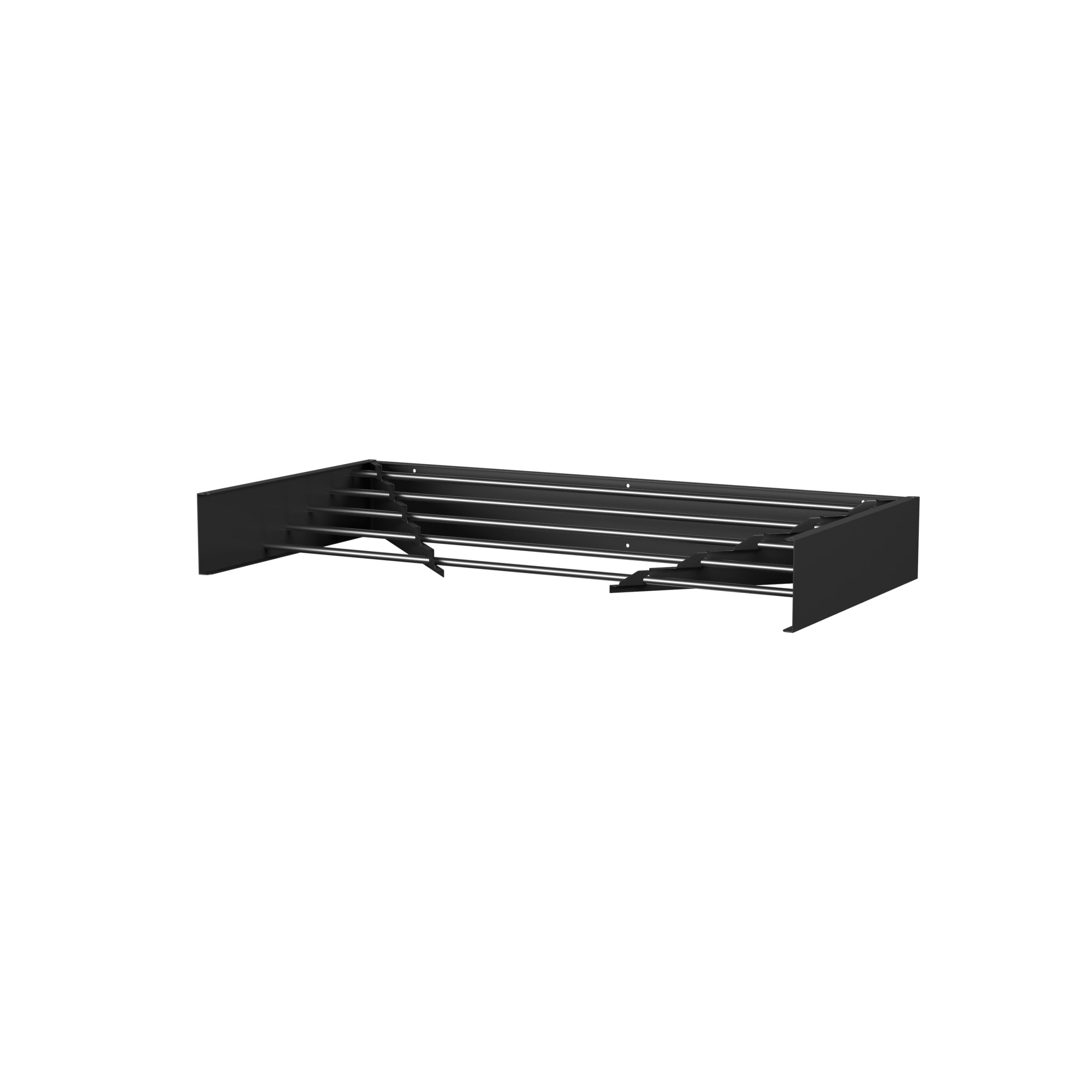 Black clothes drying rack with horizontal lines. The image is on a white background.