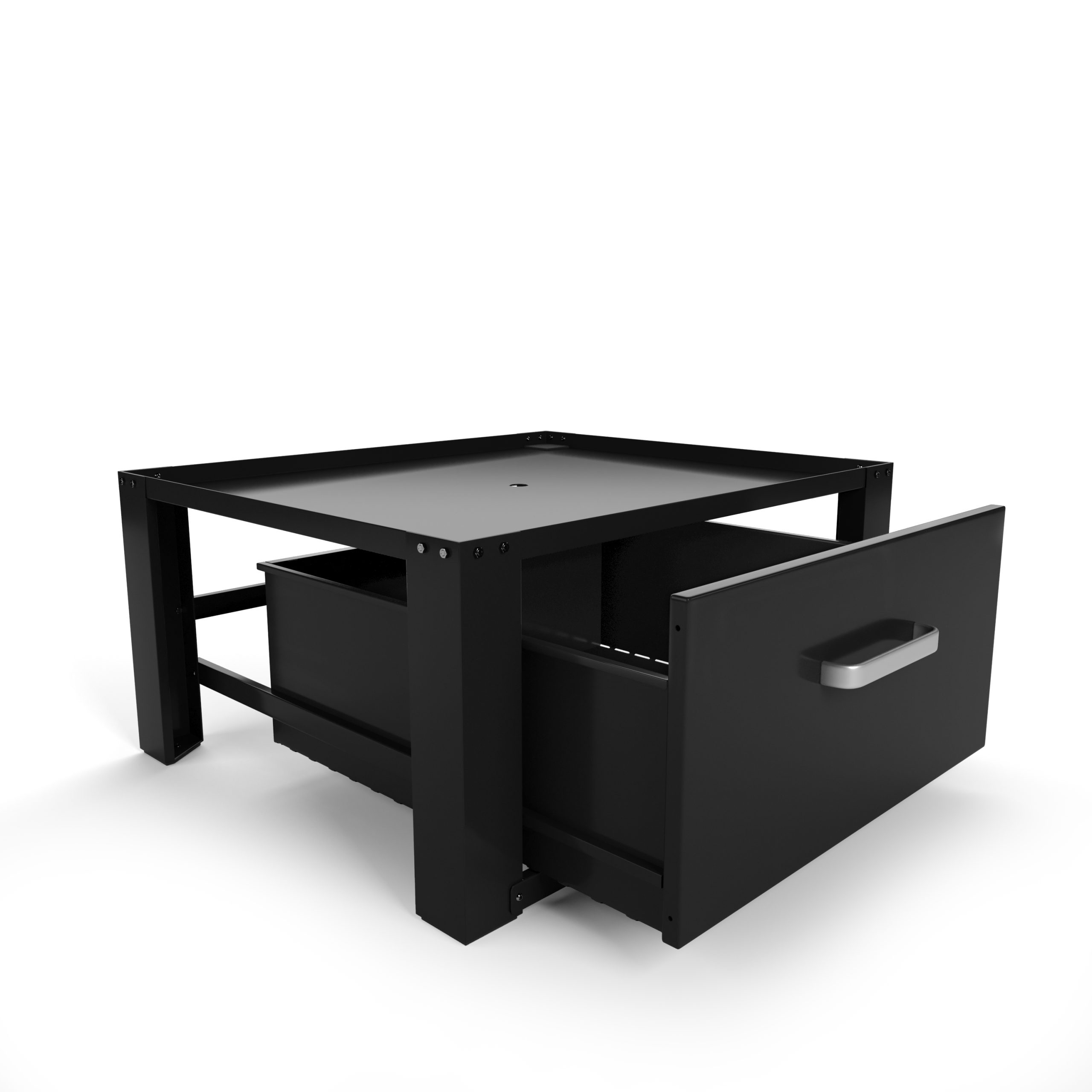 Ein schwarzes Schubladenelement auf weißem Hintergrund, mit einer geöffneten Schublade.