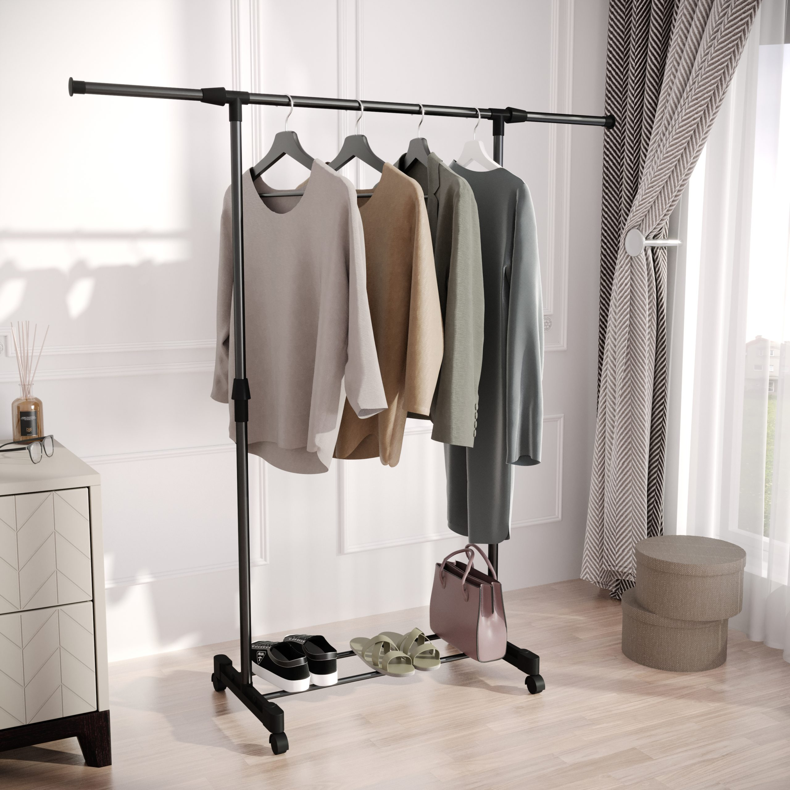 Clothes rack with clothes hanging. Shoes and bag below. White wall background.