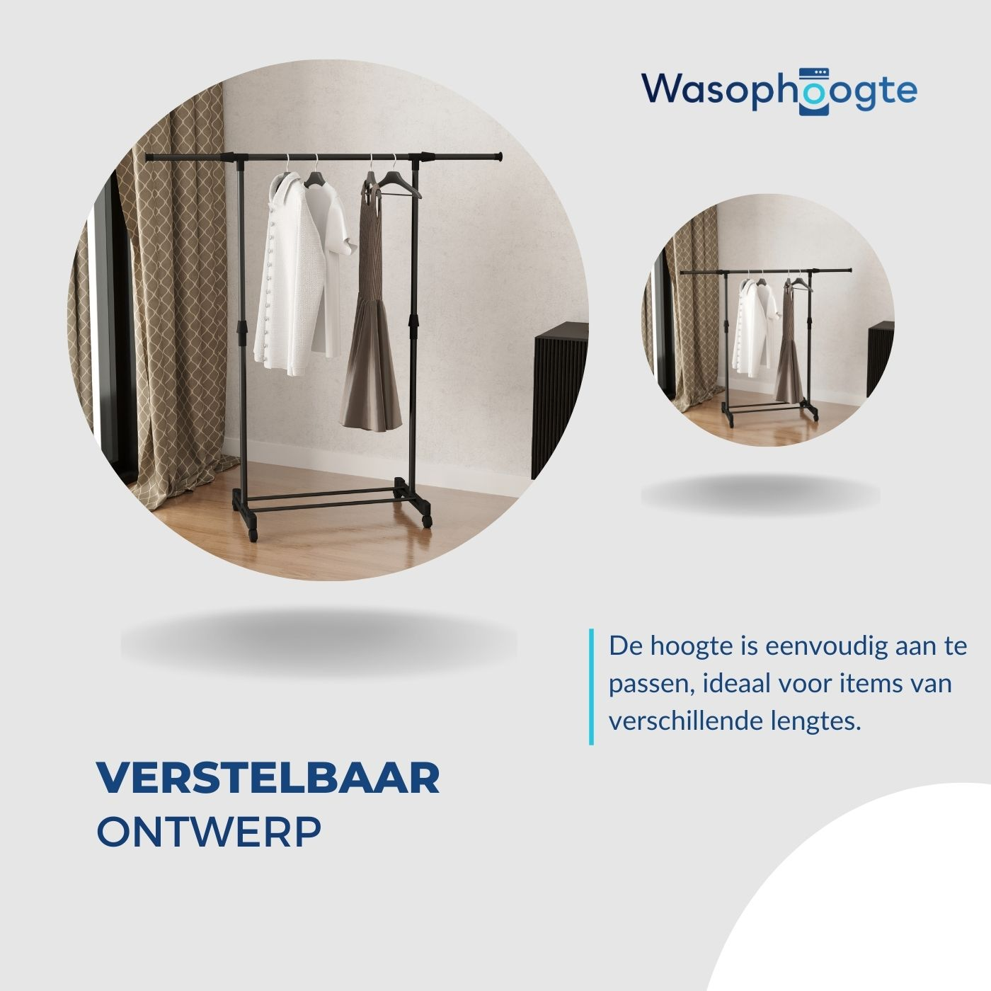 Adjustable clothes rack. The height is easy to adjust, ideal for different lengths.