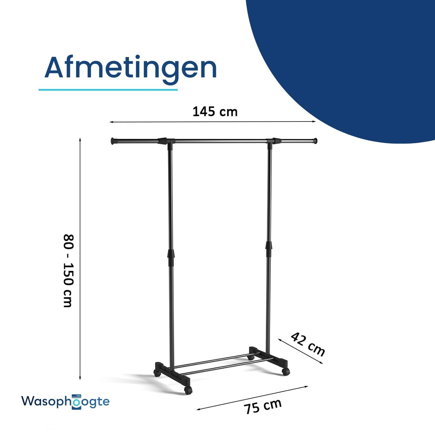 Black clothes rack with dimensions in cm: 80-150 (height), 75 (width), and 42 (depth).