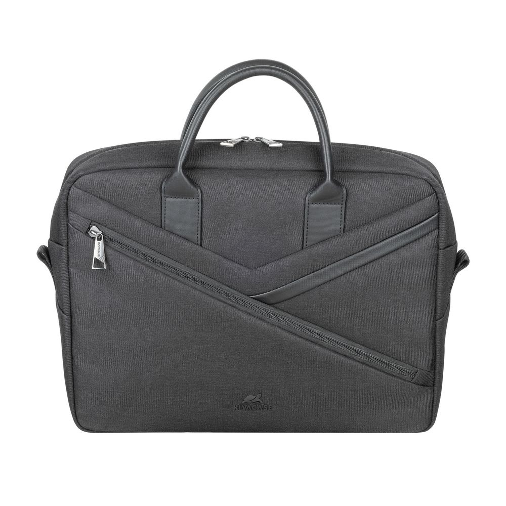 Borsa per laptop grigio scuro con manici, cerniere e design diagonale.