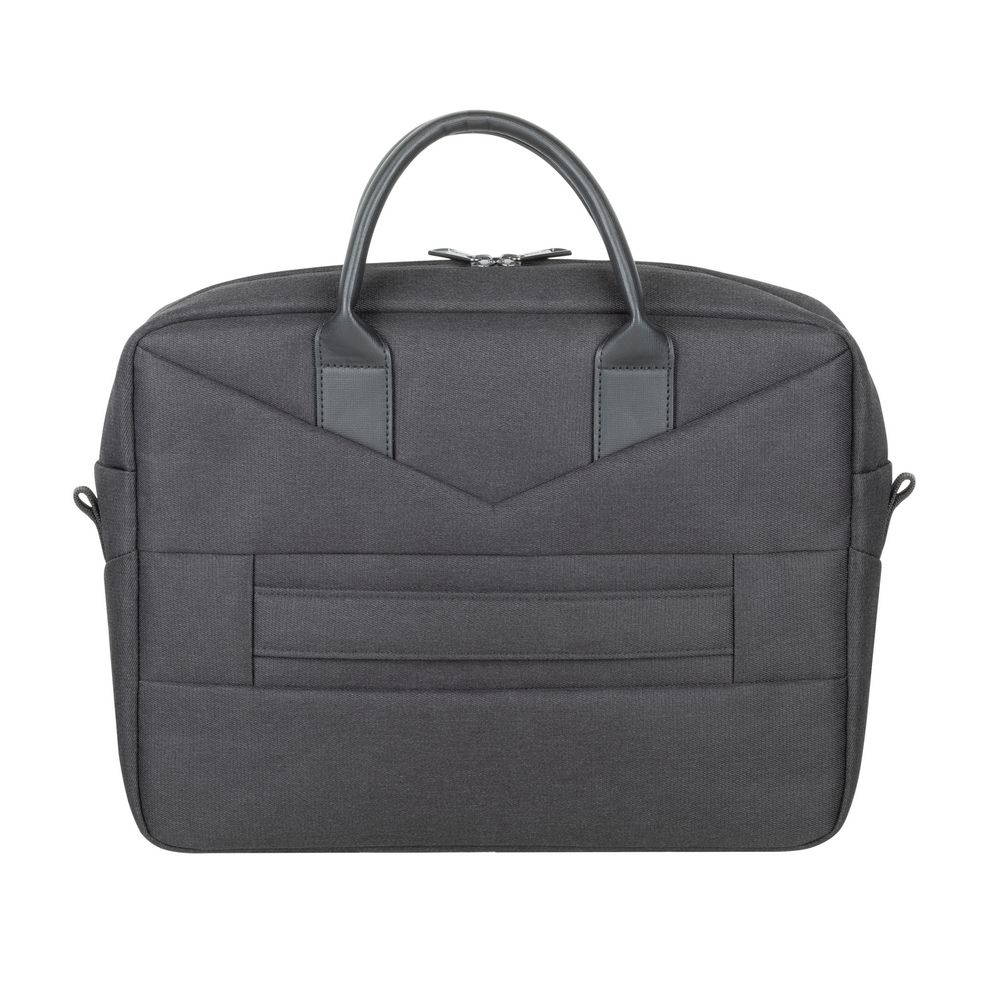 Borsa per laptop grigio scuro. Due manici sopra. Forma rettangolare. Tasca frontale e cuciture.