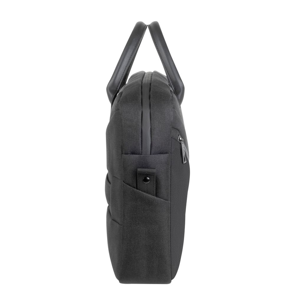 Borsa per laptop nera, vista laterale. Manico e zip visibili.