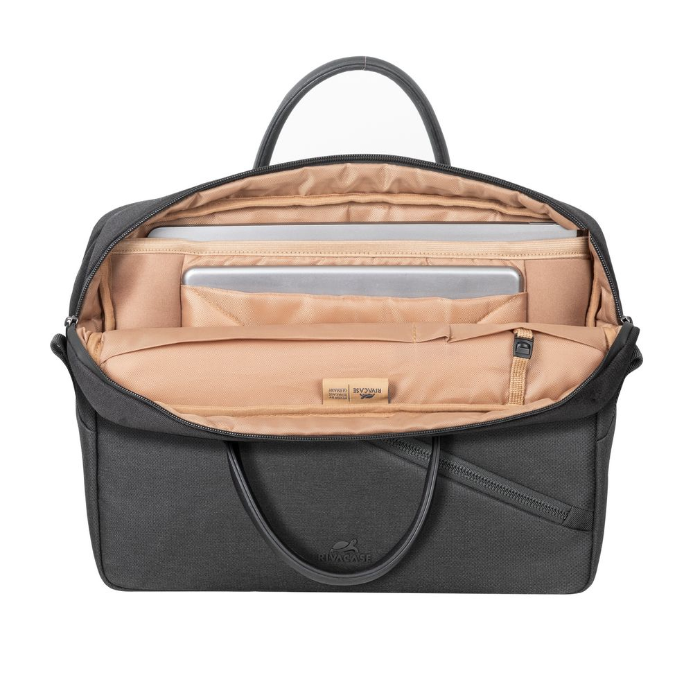 Borsa per laptop aperta con laptop e altri oggetti all'interno. Esterno grigio, interno beige.