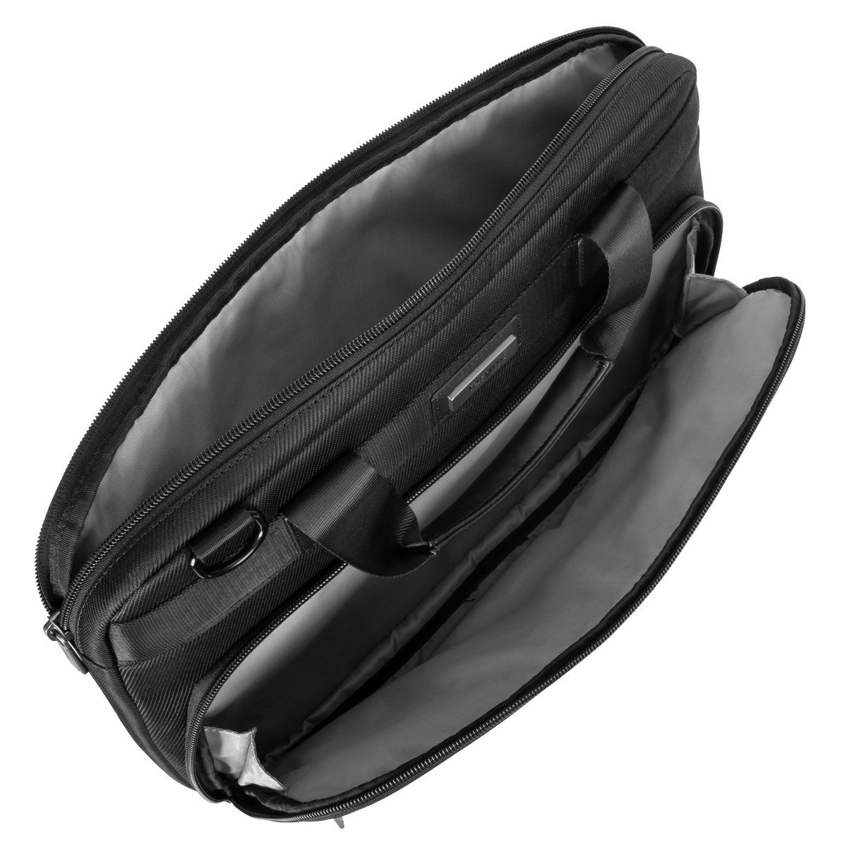 Borsa per laptop nera aperta con scomparti. L'interno è grigio. Maniglia e tracolla visibili. Cerniera aperta.