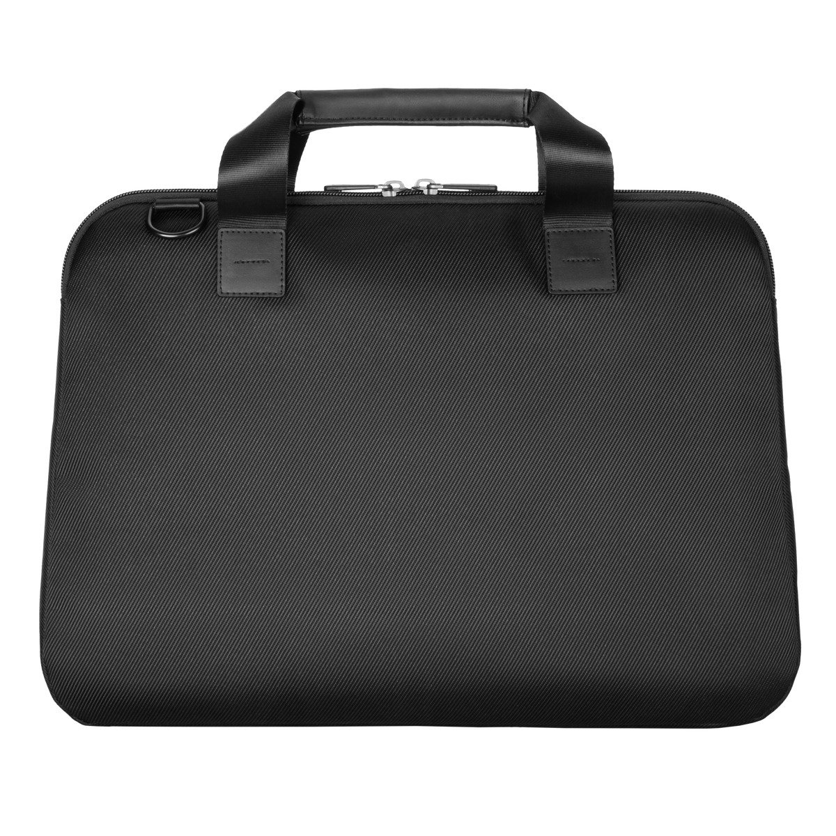Una borsa nera per laptop con manico. La borsa è semplice e ha una cerniera.