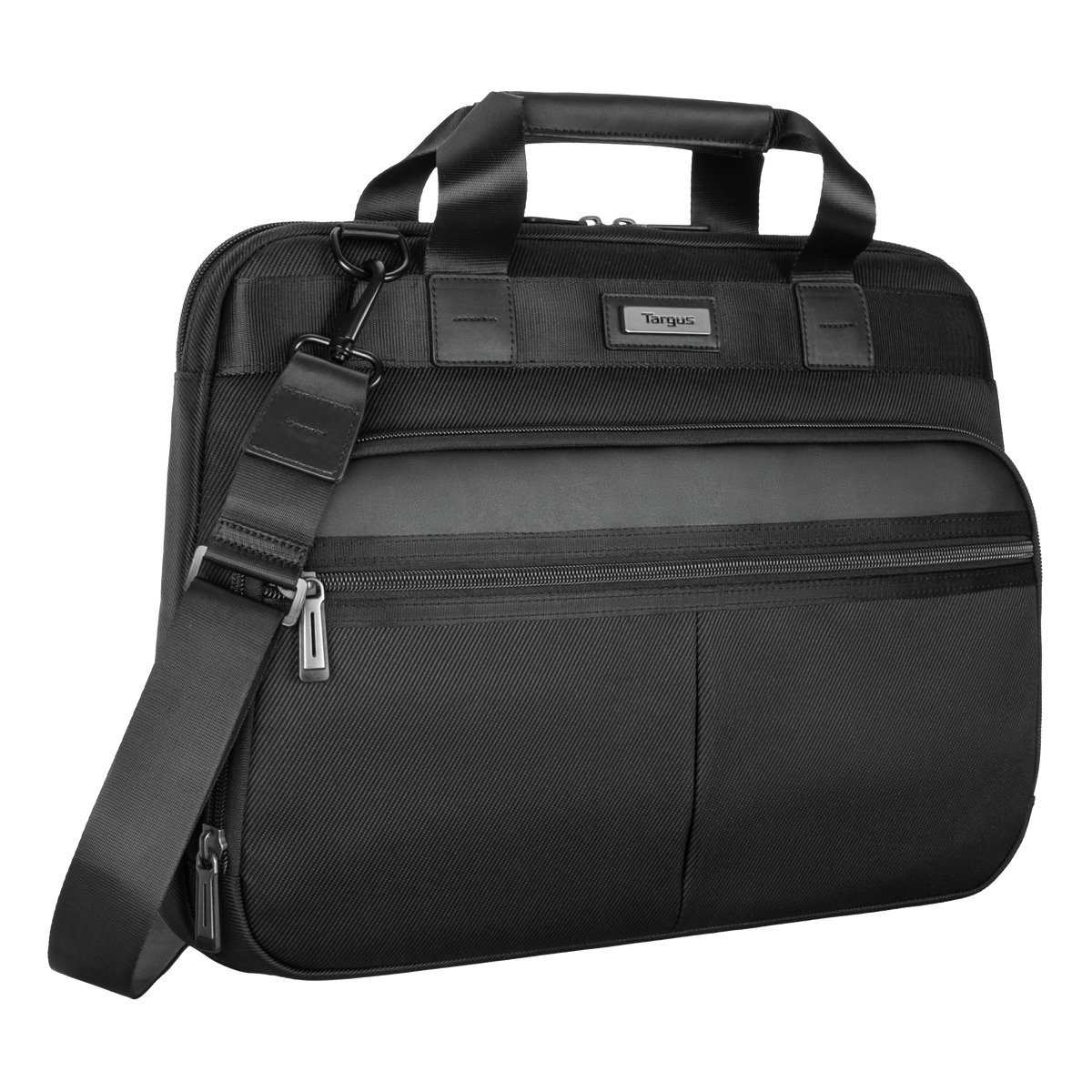 Borsa per laptop nera con tracolla. Due manici. Logo Targus. Sfondo nero.