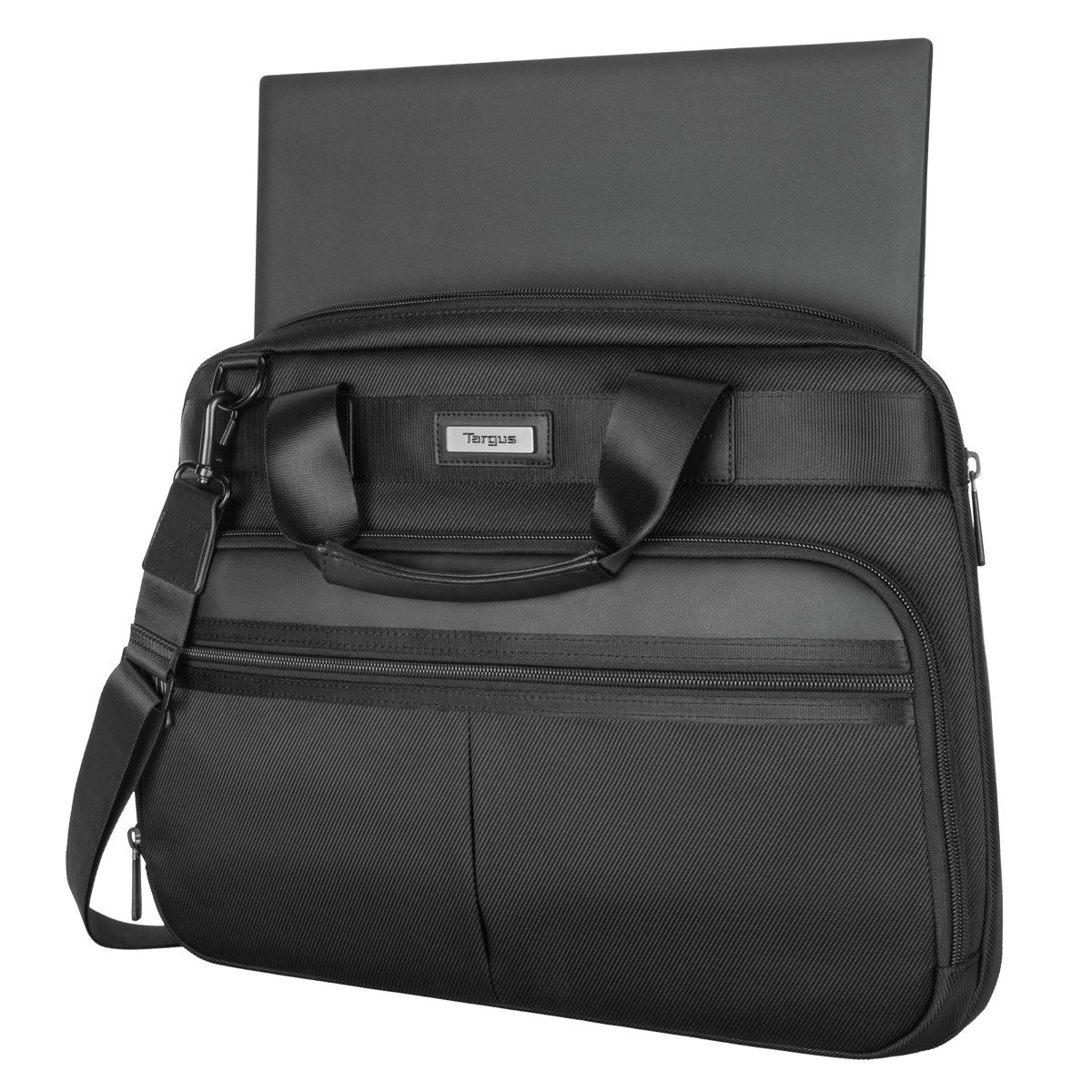 Borsa per laptop nera aperta, con laptop all'interno, sfondo bianco.