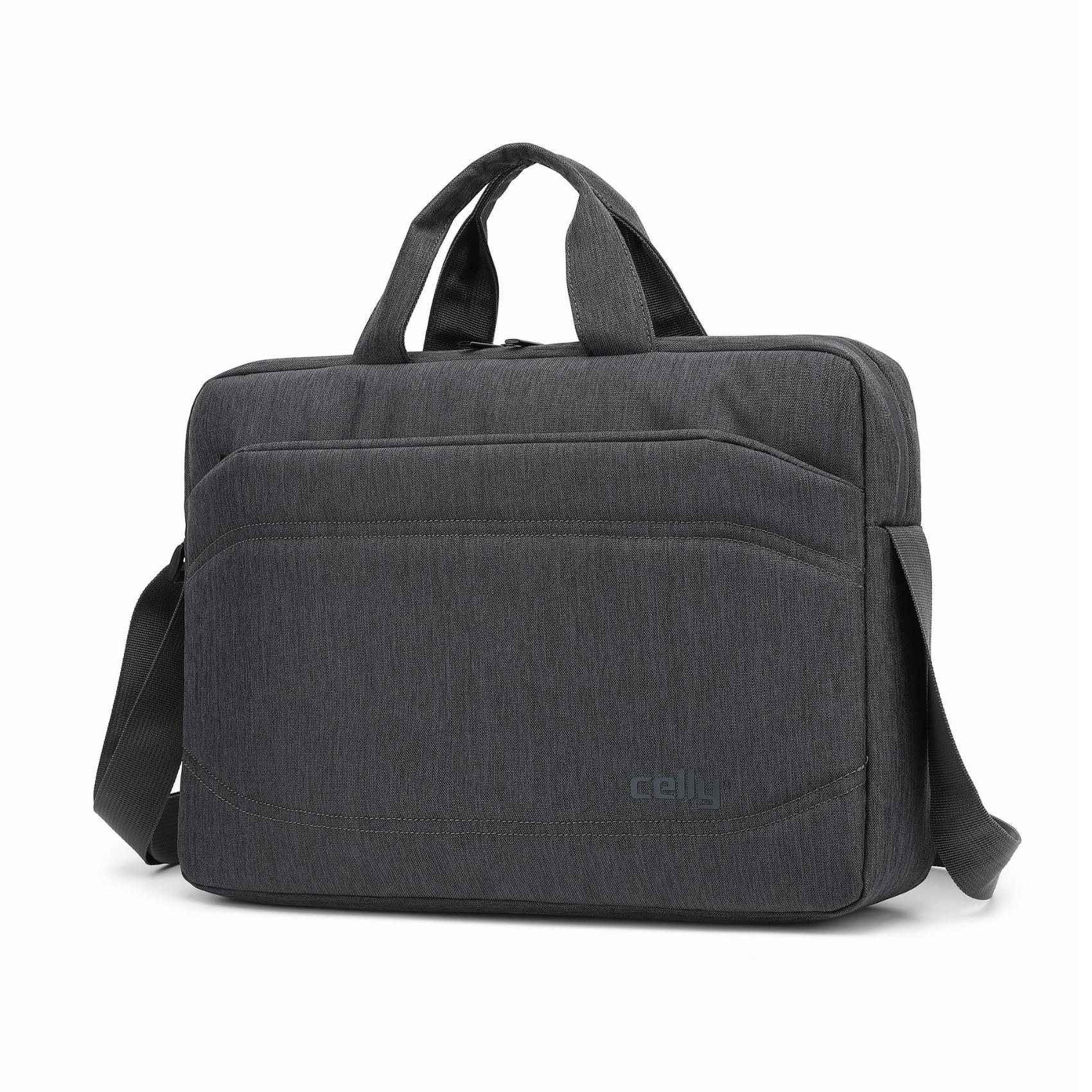 Graue Laptoptasche mit Griff und Schultergurt. Sie hat eine Vordertasche.
