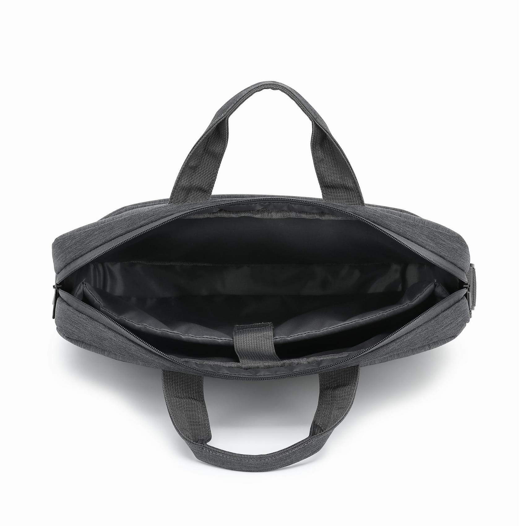 Offene graue Laptoptasche mit Griff. Innentaschen sind sichtbar.