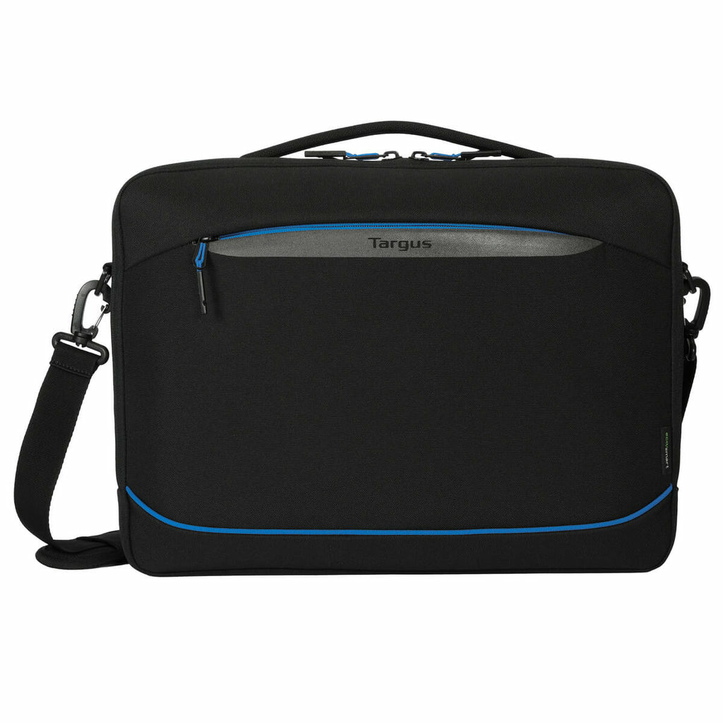 Borsa per laptop nera con rifiniture e cerniera blu, sfondo bianco.