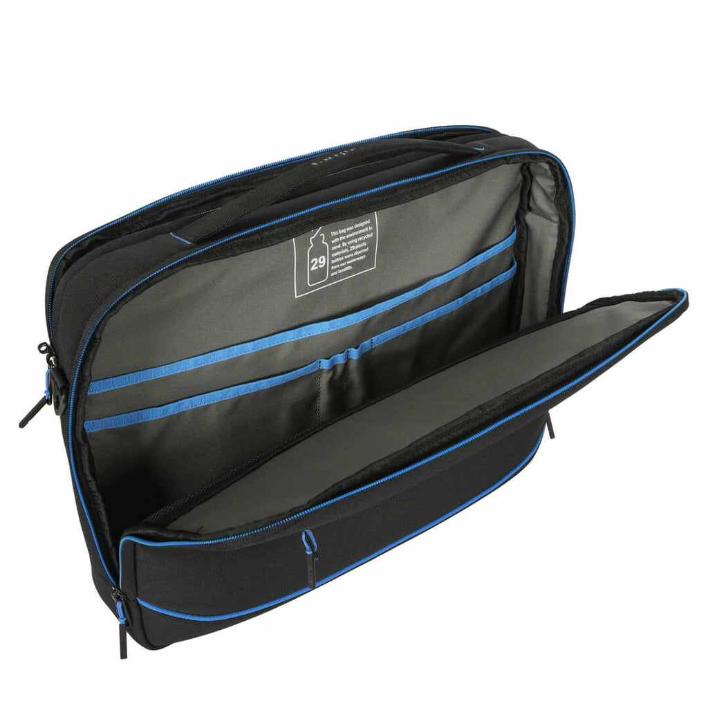 Borsa nera, aperta, con fodera blu, tasche e etichetta informativa bianca.